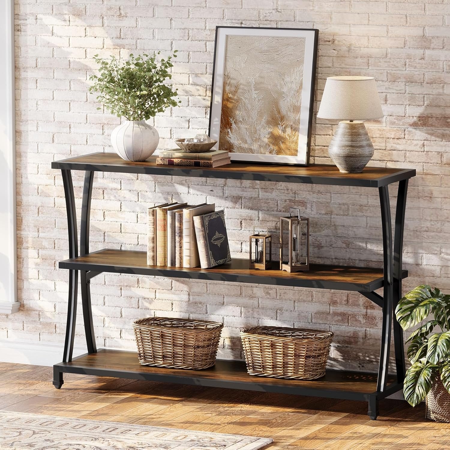 43.31" Industrial 3-Tier Console Table, Rustic Narrow Sofa Table with Storage Shelves - Image 4