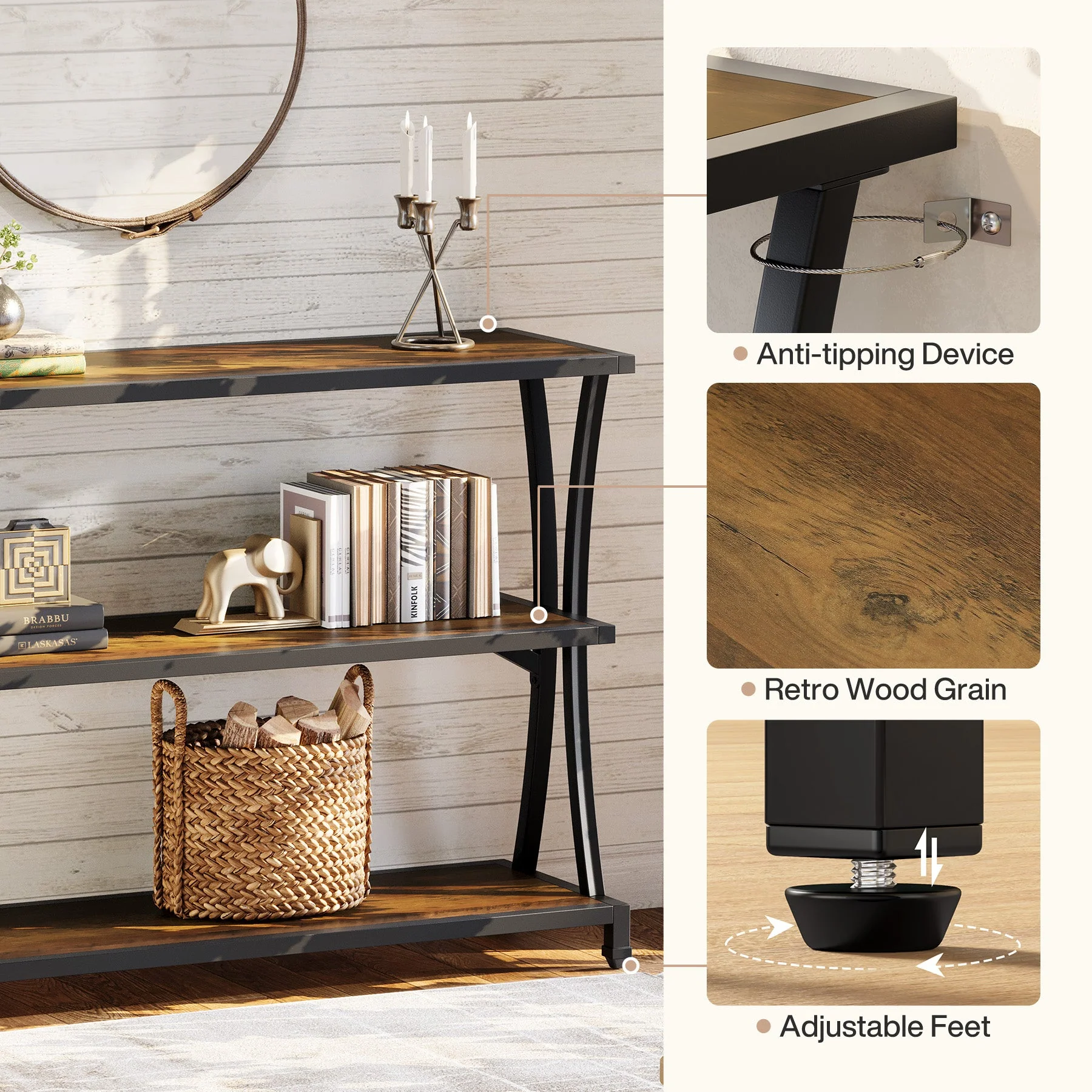 43.31" Industrial 3-Tier Console Table, Rustic Narrow Sofa Table with Storage Shelves - Image 7