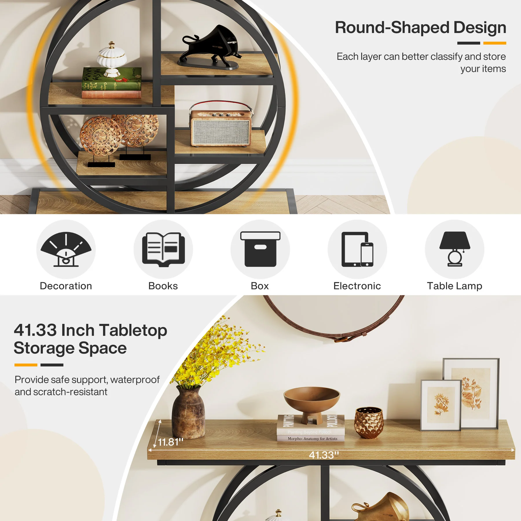 Tribesigns Industrial Console Table - 105cm Narrow 6-Tier Sofa Entryway Table with Circle Base, Storage Shelves - Image 10