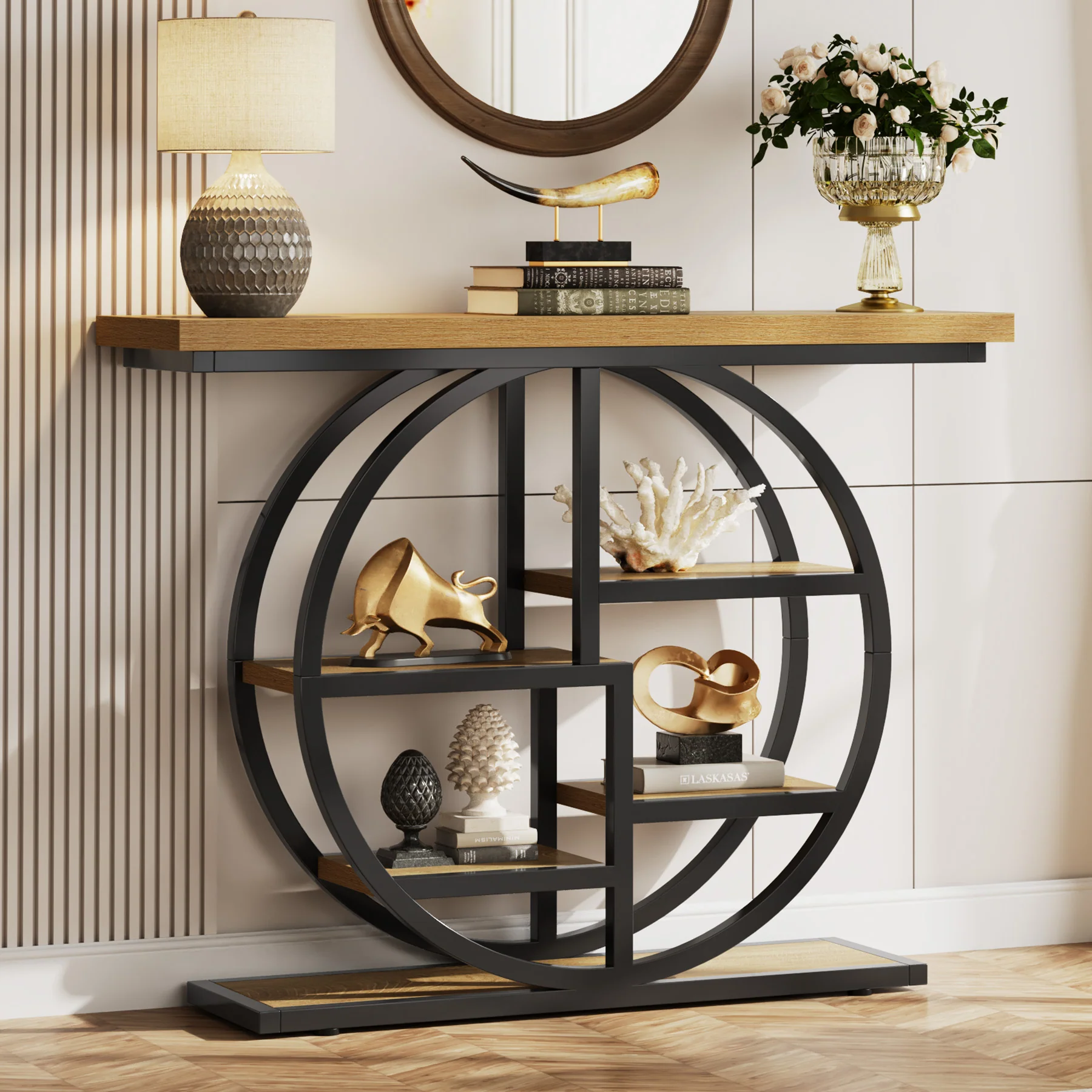 Tribesigns Industrial Console Table - 105cm Narrow 6-Tier Sofa Entryway Table with Circle Base, Storage Shelves - Image 11