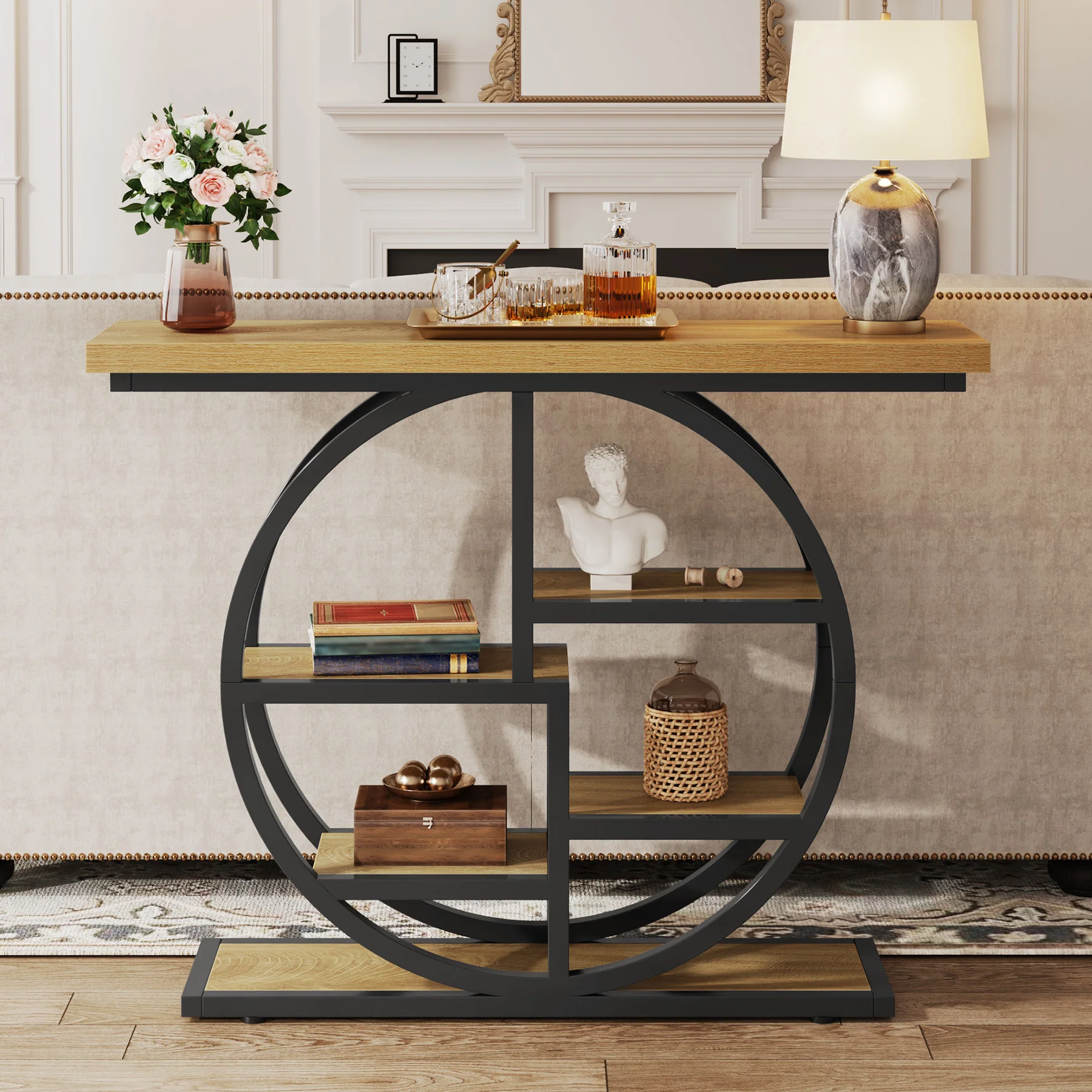 Tribesigns Industrial Console Table - 105cm Narrow 6-Tier Sofa Entryway Table with Circle Base, Storage Shelves - Image 12