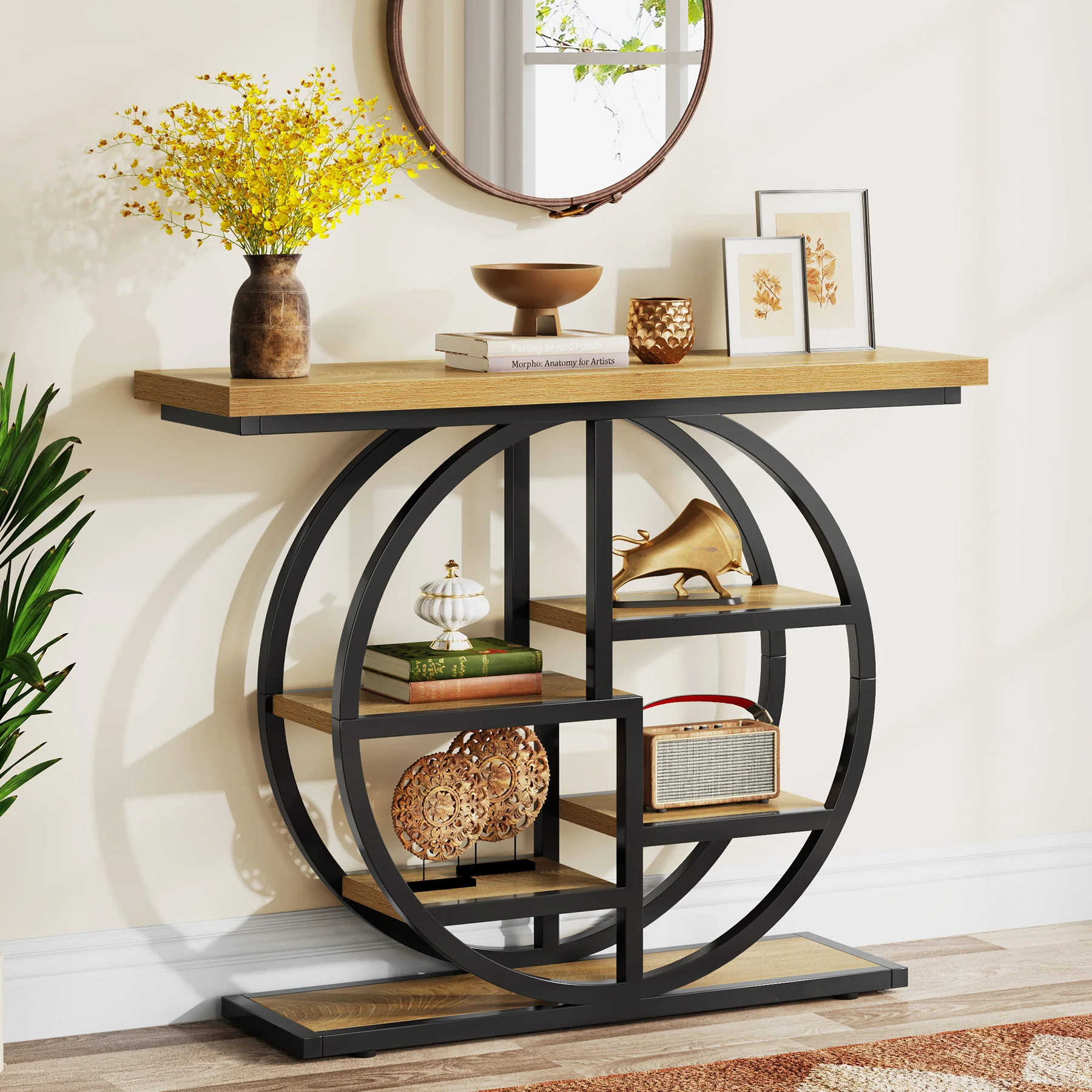 Tribesigns Industrial Console Table - 105cm Narrow 6-Tier Sofa Entryway Table with Circle Base, Storage Shelves - Image 13