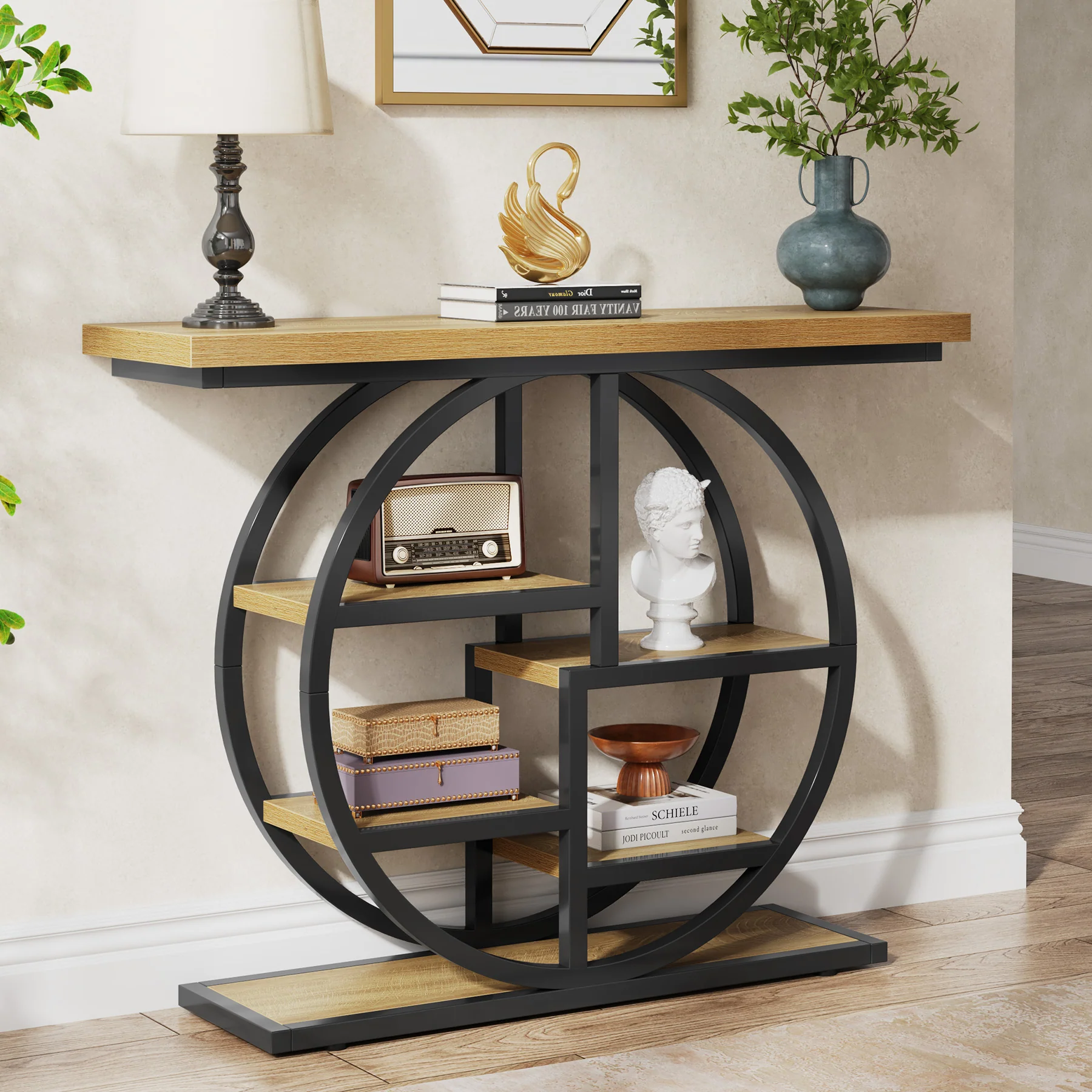 Tribesigns Industrial Console Table - 105cm Narrow 6-Tier Sofa Entryway Table with Circle Base, Storage Shelves - Image 14