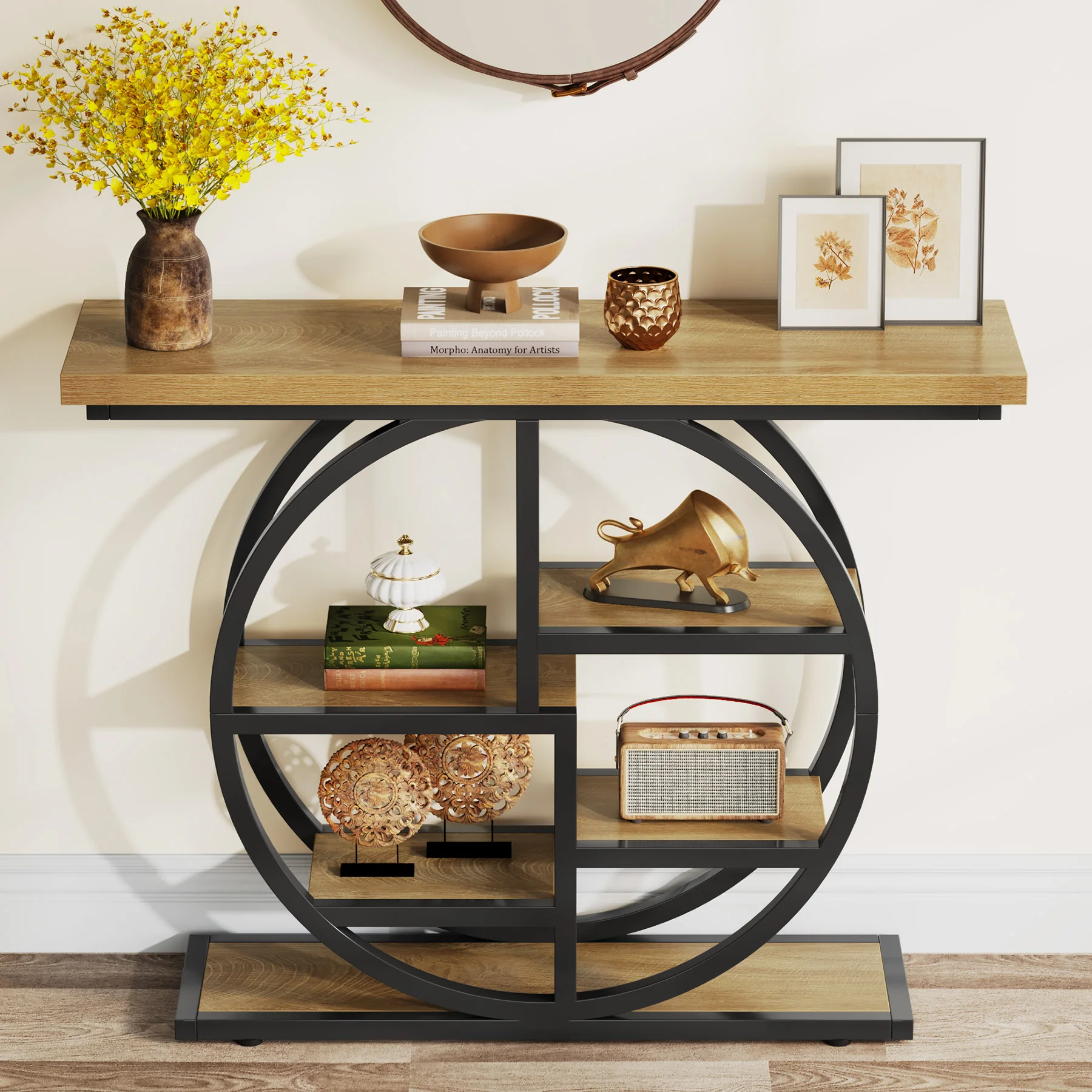 Tribesigns Industrial Console Table - 105cm Narrow 6-Tier Sofa Entryway Table with Circle Base, Storage Shelves - Image 15