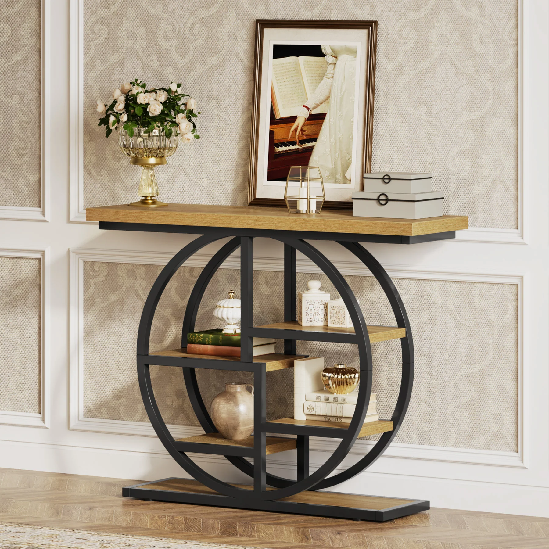 Tribesigns Industrial Console Table - 105cm Narrow 6-Tier Sofa Entryway Table with Circle Base, Storage Shelves - Image 16