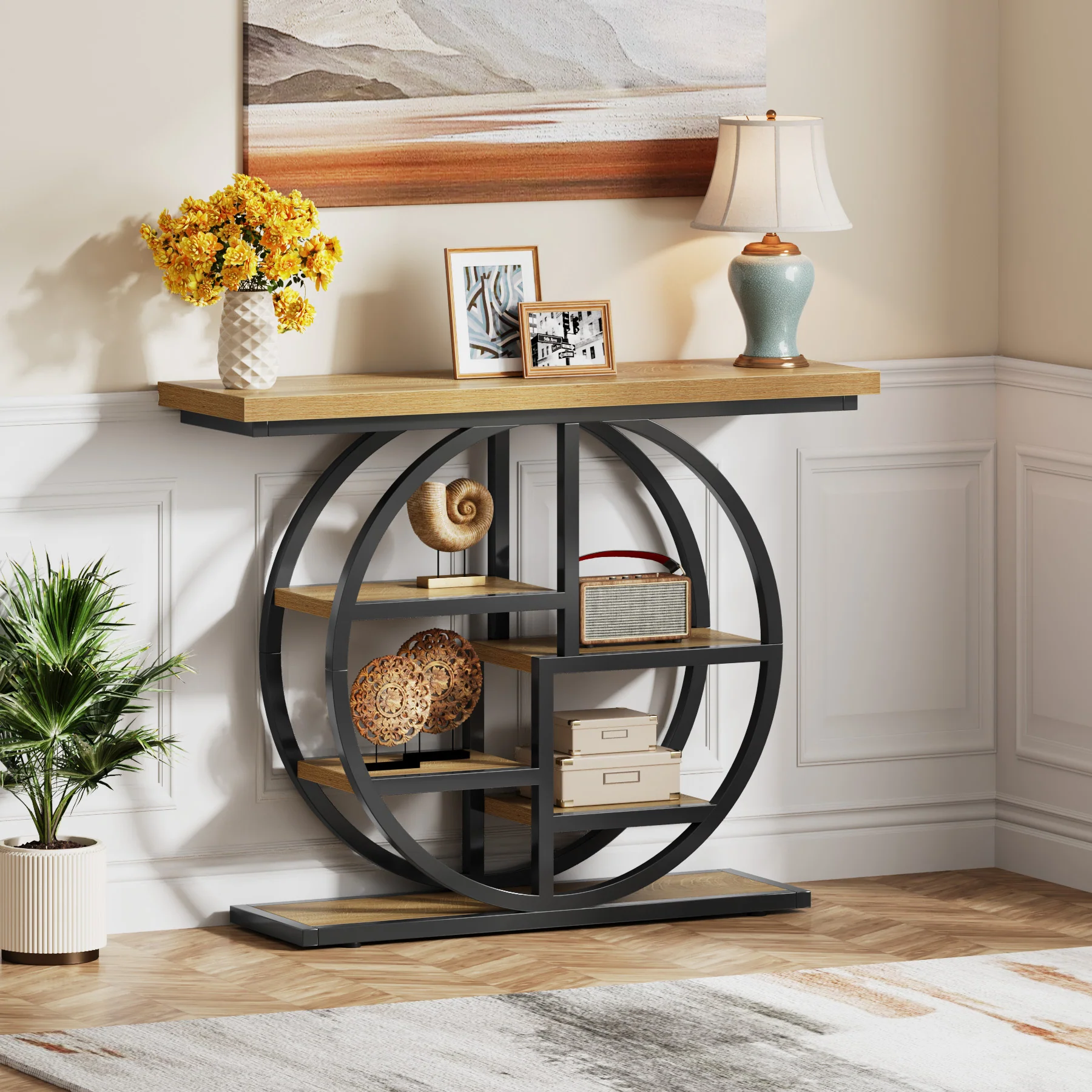 Tribesigns Industrial Console Table - 105cm Narrow 6-Tier Sofa Entryway Table with Circle Base, Storage Shelves - Image 17
