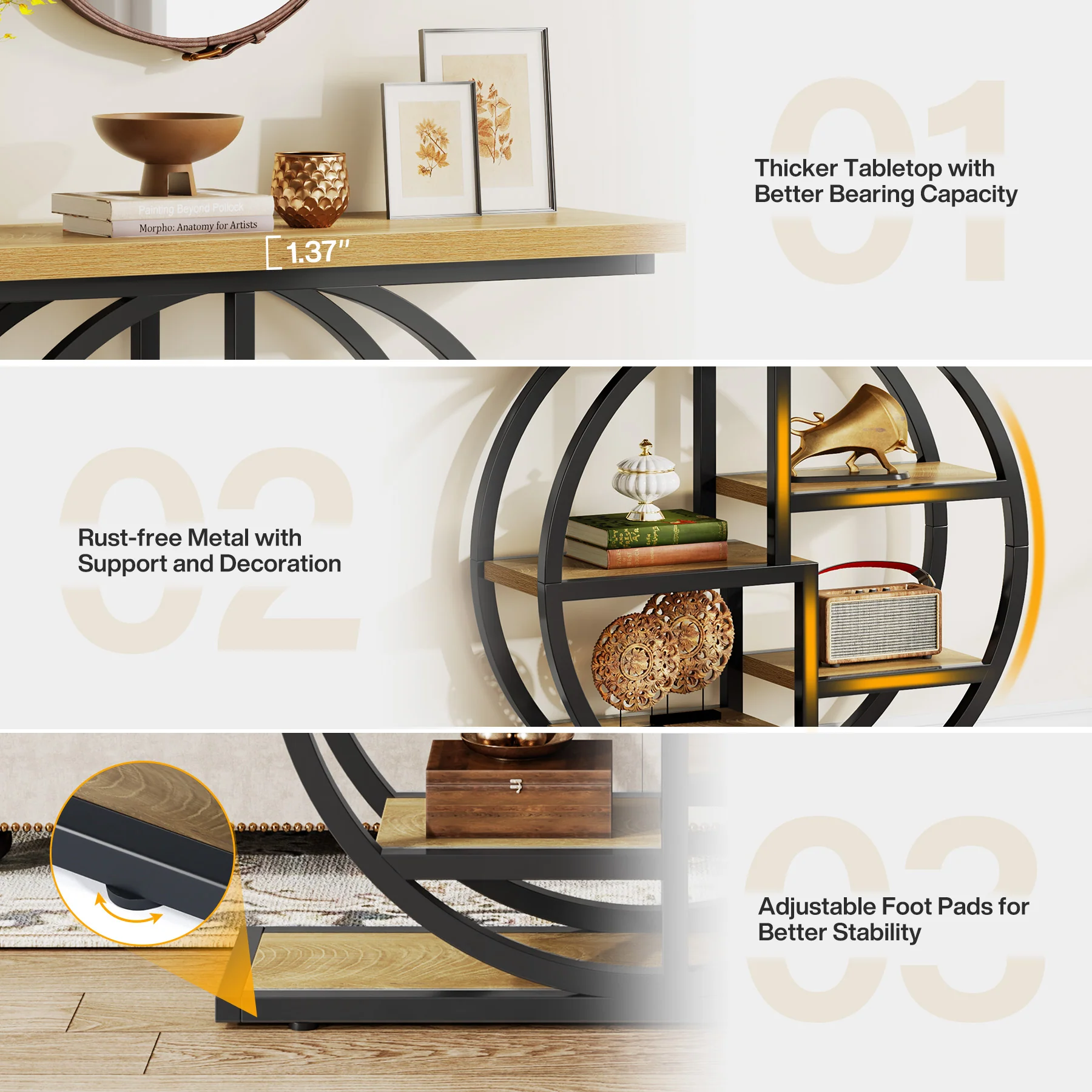 Tribesigns Industrial Console Table - 105cm Narrow 6-Tier Sofa Entryway Table with Circle Base, Storage Shelves - Image 18