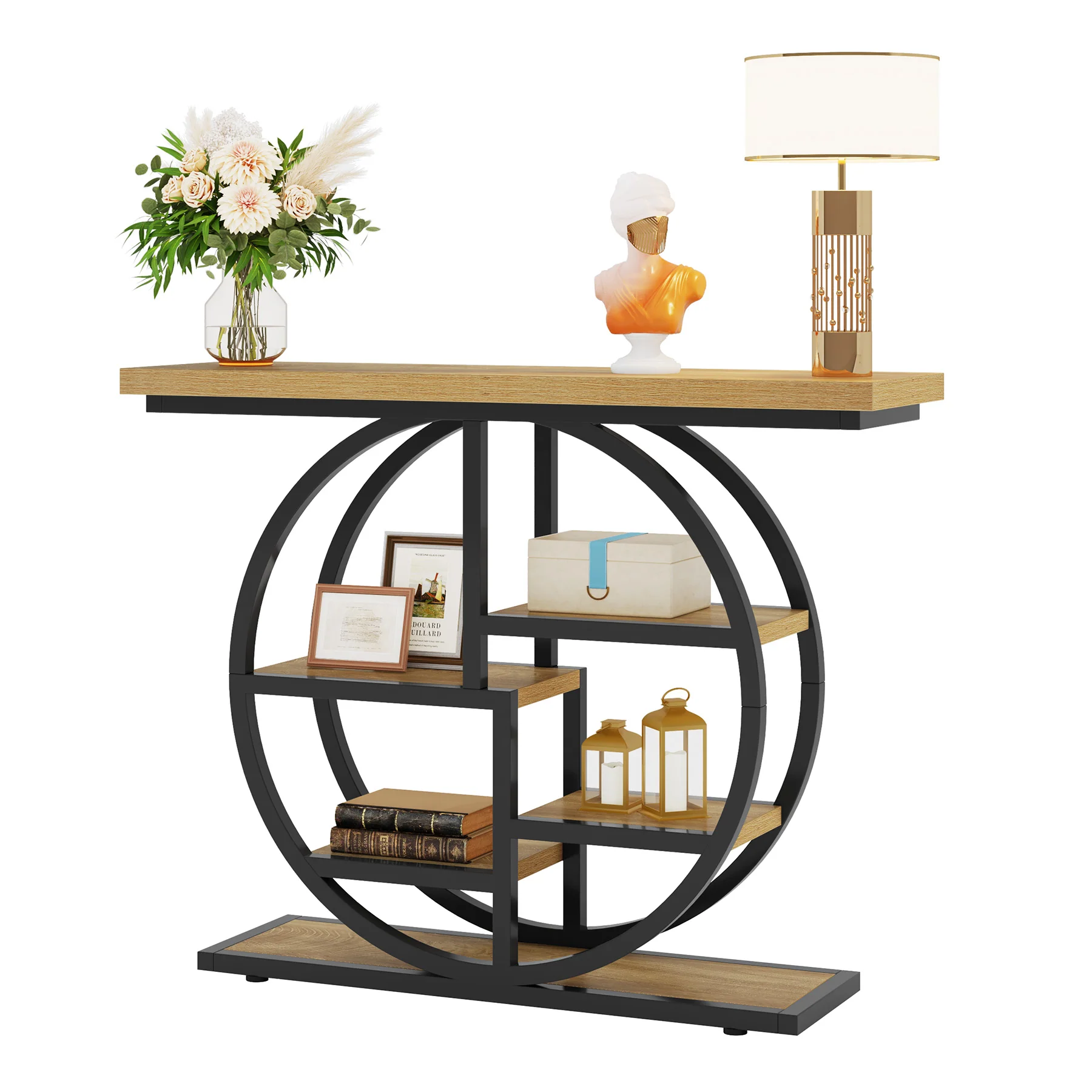 Tribesigns Industrial Console Table - 105cm Narrow 6-Tier Sofa Entryway Table with Circle Base, Storage Shelves - Image 19