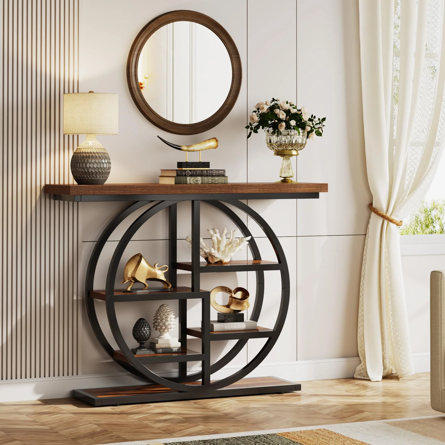Tribesigns Industrial Console Table - 105cm Narrow 6-Tier Sofa Entryway Table with Circle Base, Storage Shelves - Image 3