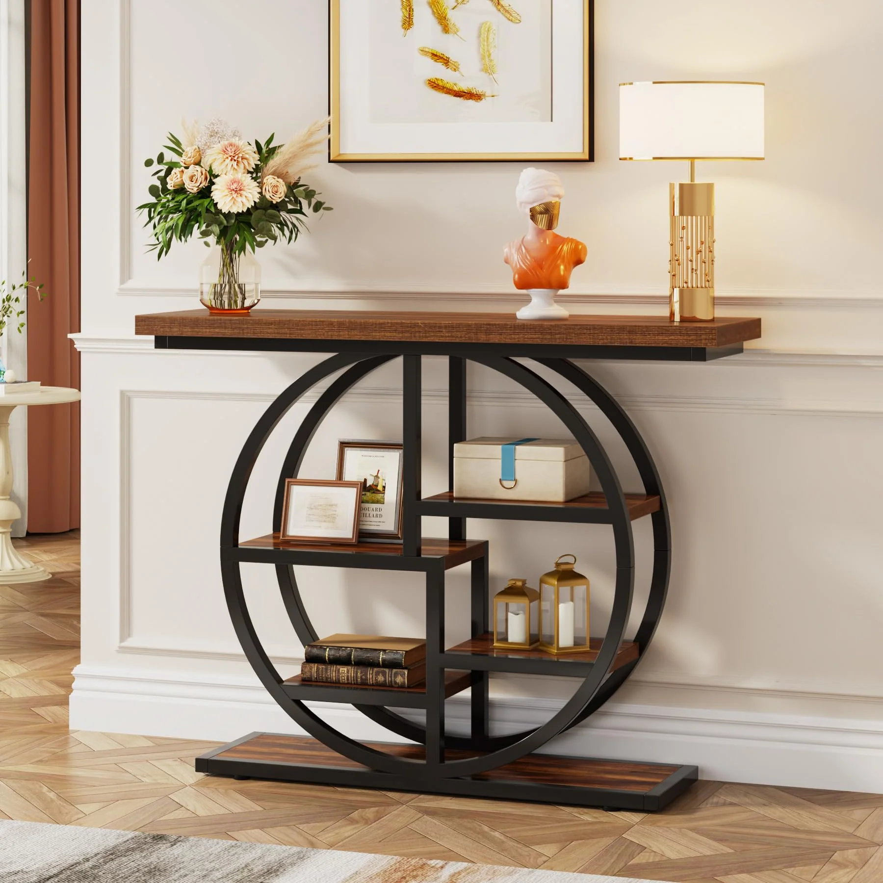 Tribesigns Industrial Console Table - 105cm Narrow 6-Tier Sofa Entryway Table with Circle Base, Storage Shelves - Image 4