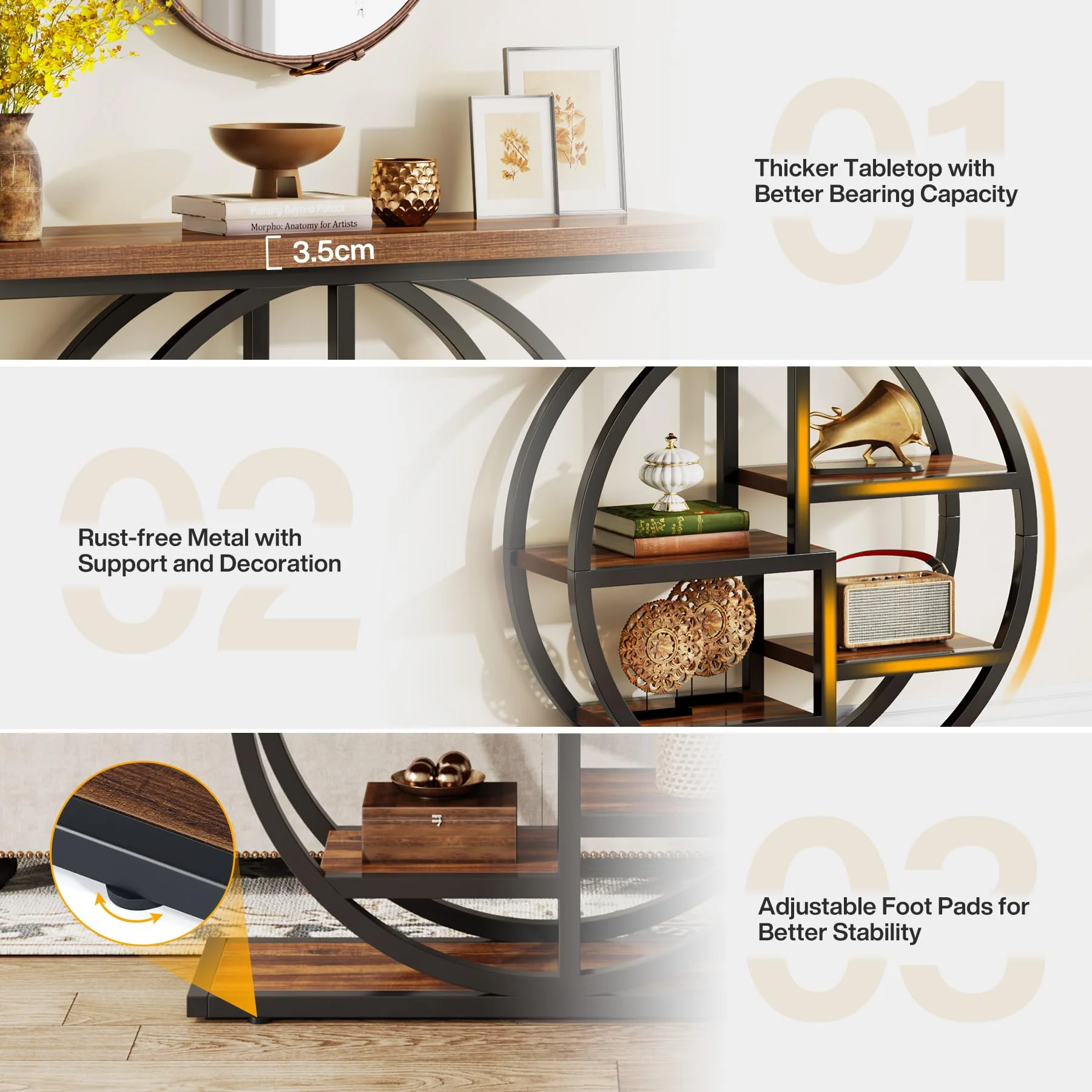 Tribesigns Industrial Console Table - 105cm Narrow 6-Tier Sofa Entryway Table with Circle Base, Storage Shelves - Image 5