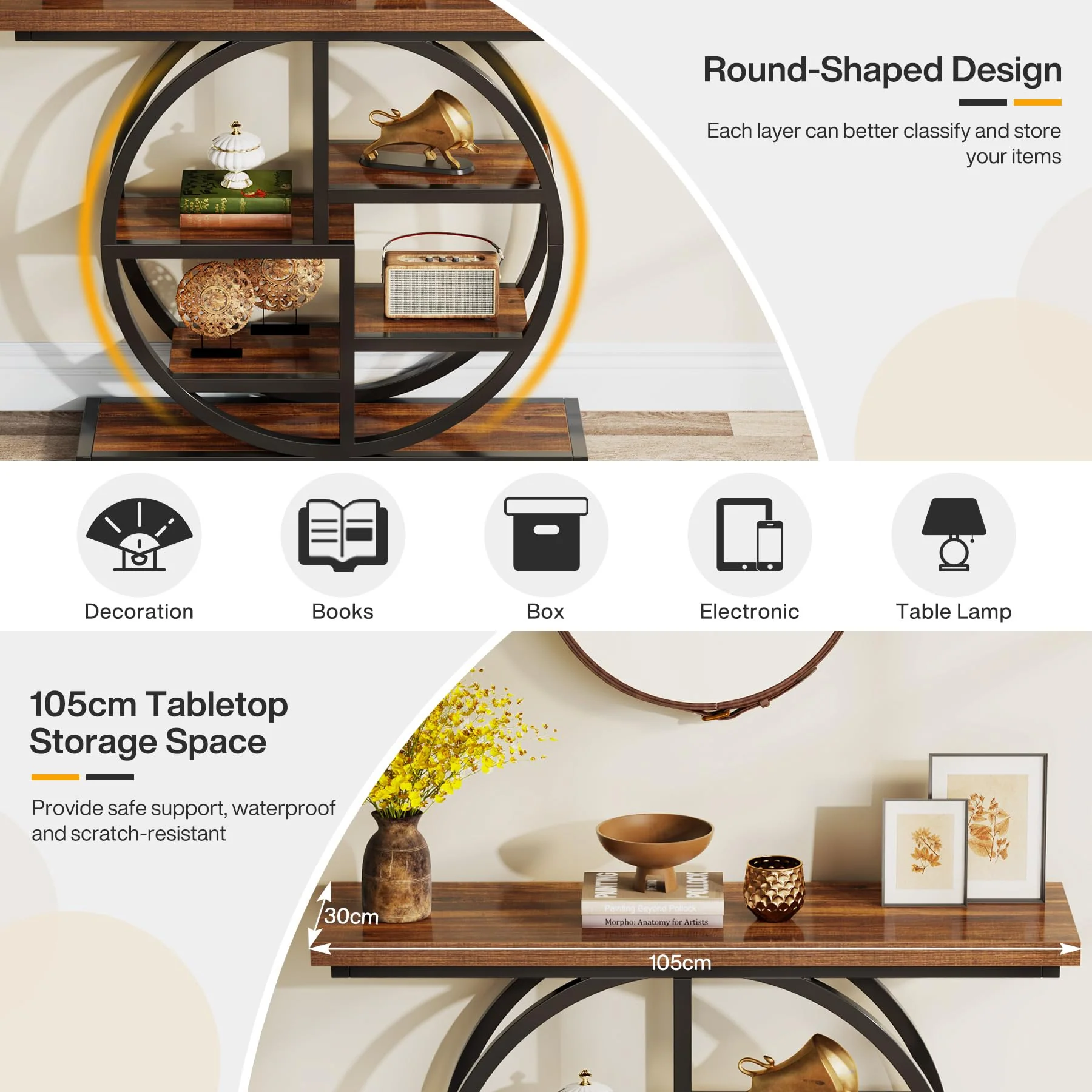 Tribesigns Industrial Console Table - 105cm Narrow 6-Tier Sofa Entryway Table with Circle Base, Storage Shelves - Image 6