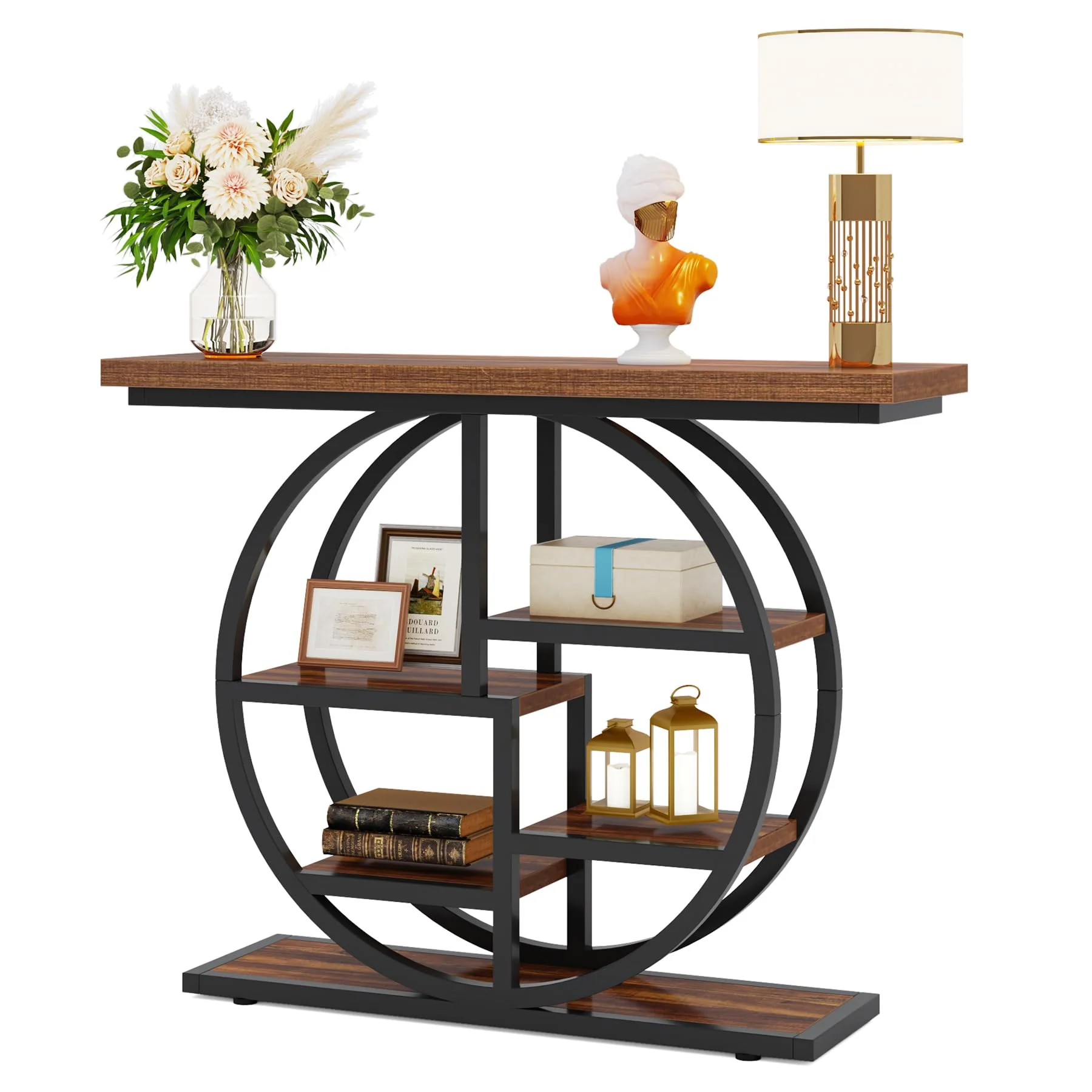 Tribesigns Industrial Console Table - 105cm Narrow 6-Tier Sofa Entryway Table with Circle Base, Storage Shelves - Image 7