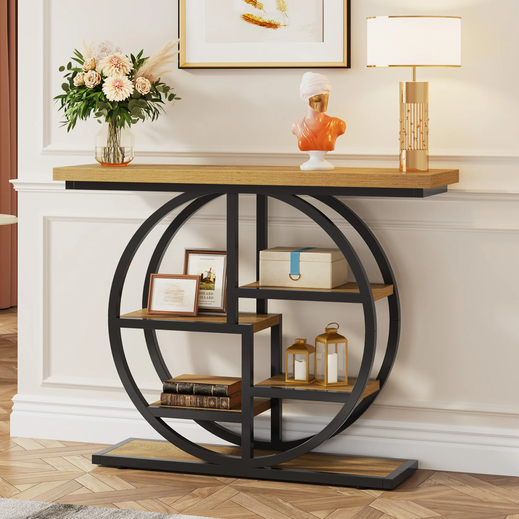 Tribesigns Industrial Console Table - 105cm Narrow 6-Tier Sofa Entryway Table with Circle Base, Storage Shelves - Image 8