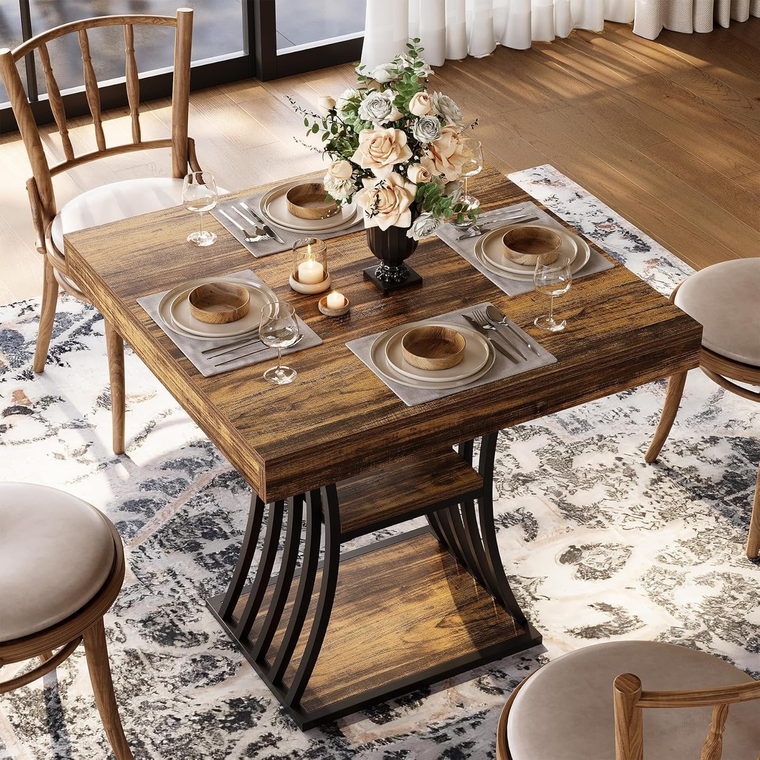 Tribesigns Industrial Dining Table with Metal Base, 31.5 Inch Kitchen Table in Brown and Black for Small Spaces - Image 4