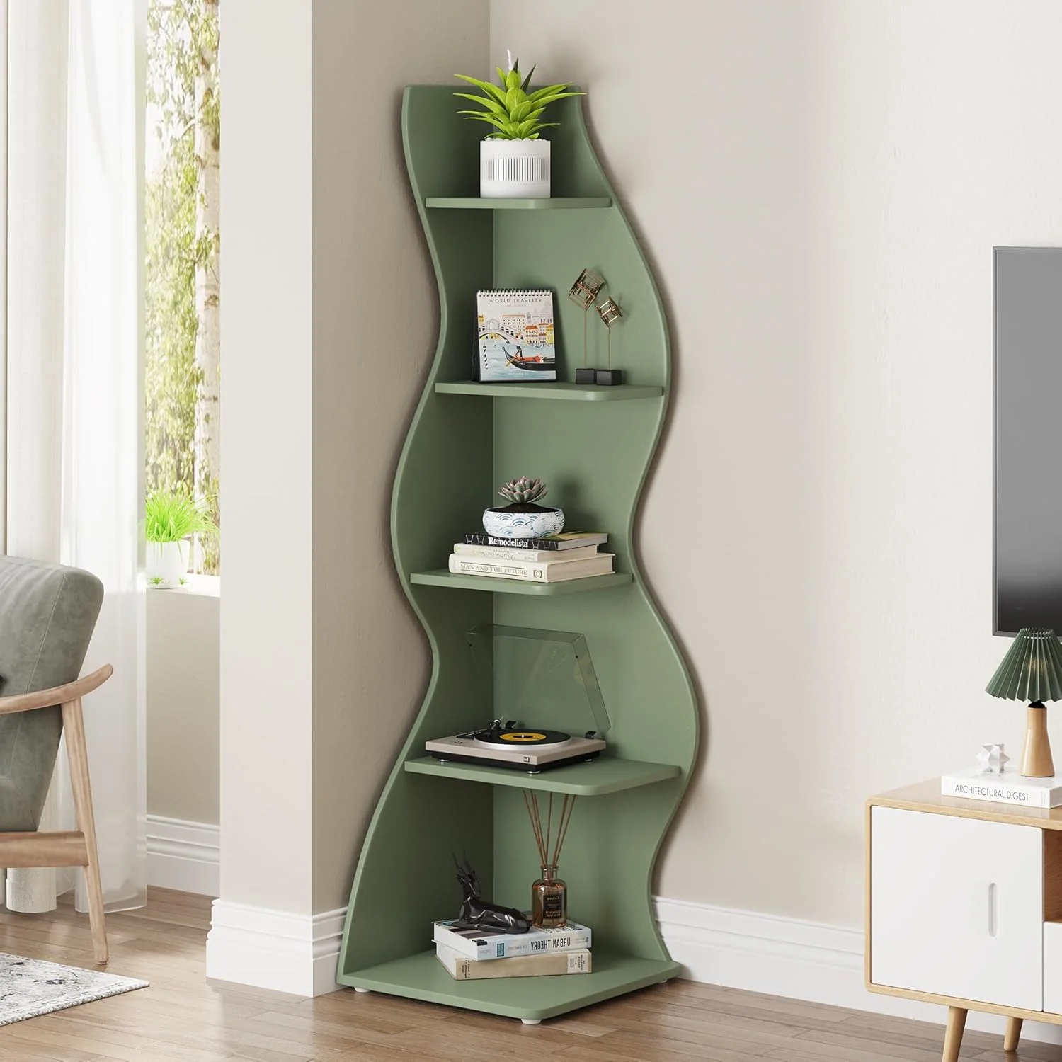 Modern 5-Tier Wall Corner Bookshelf Bookcase - Image 8