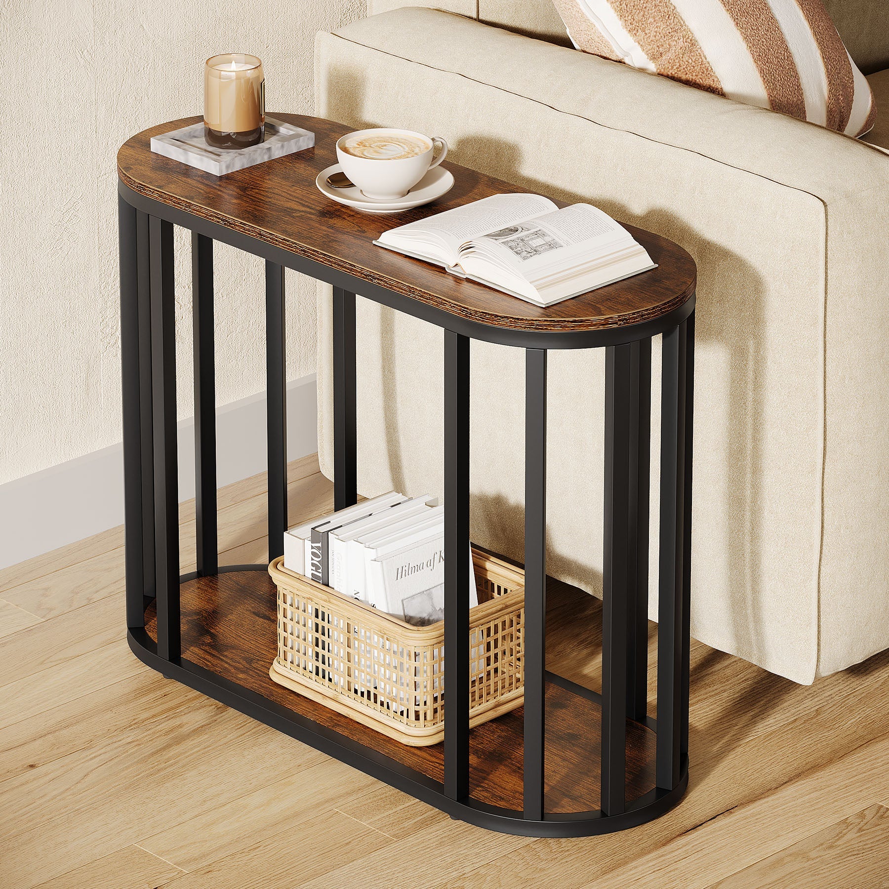 2-Tier Narrow End Table with Storage Shelf, Industrial Side Table Nightstand