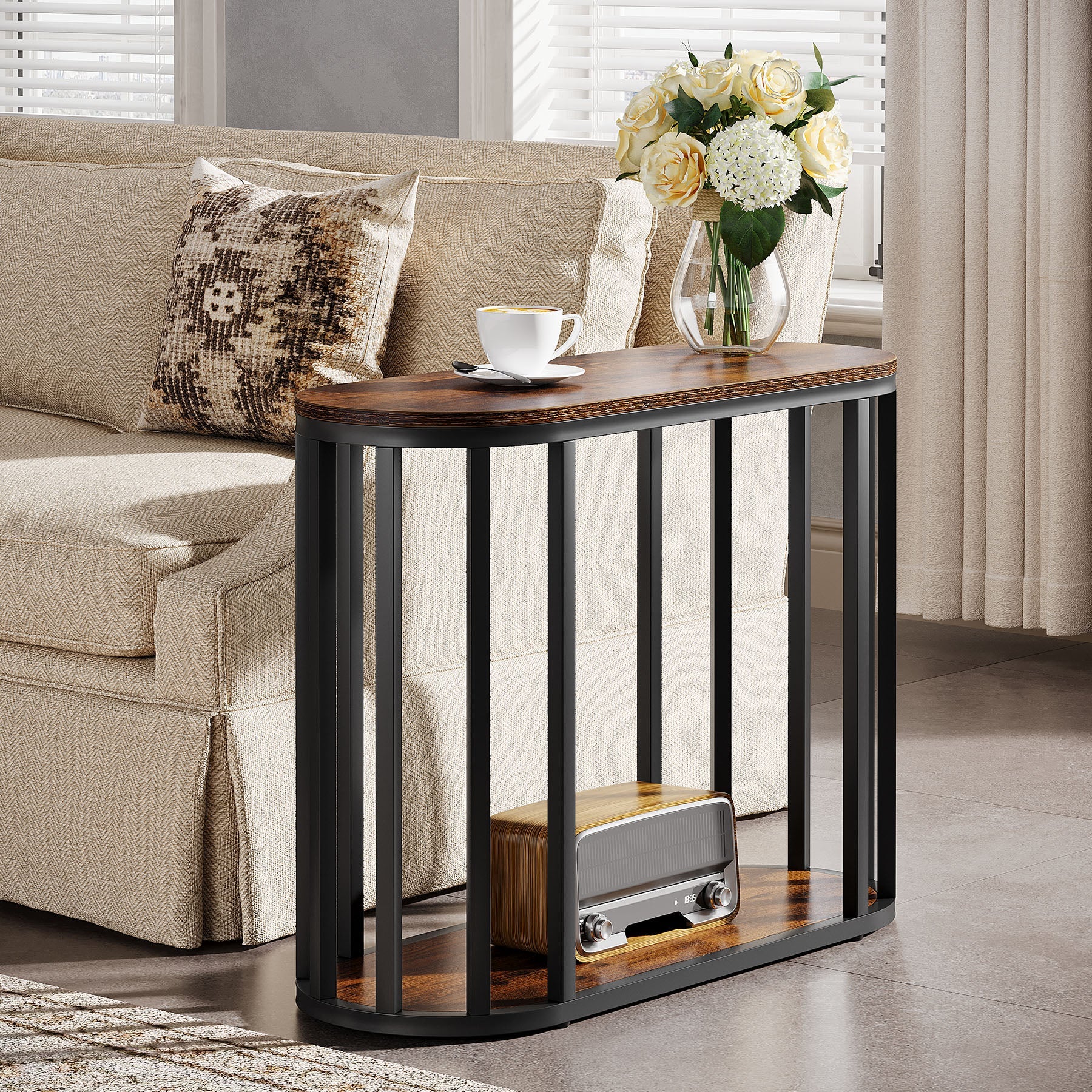2-Tier Narrow End Table with Storage Shelf, Industrial Side Table Nightstand - Image 3
