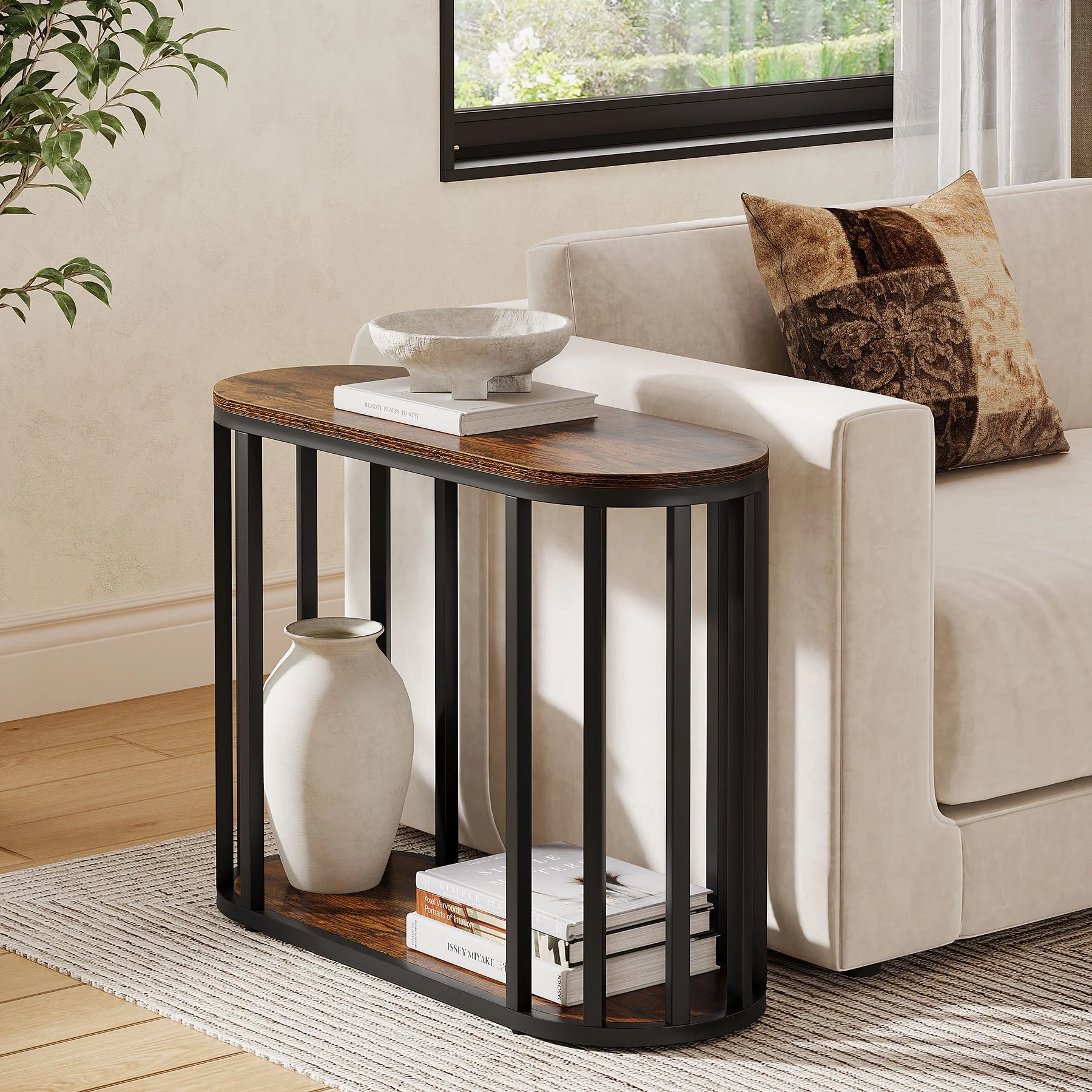 2-Tier Narrow End Table with Storage Shelf, Industrial Side Table Nightstand - Image 4