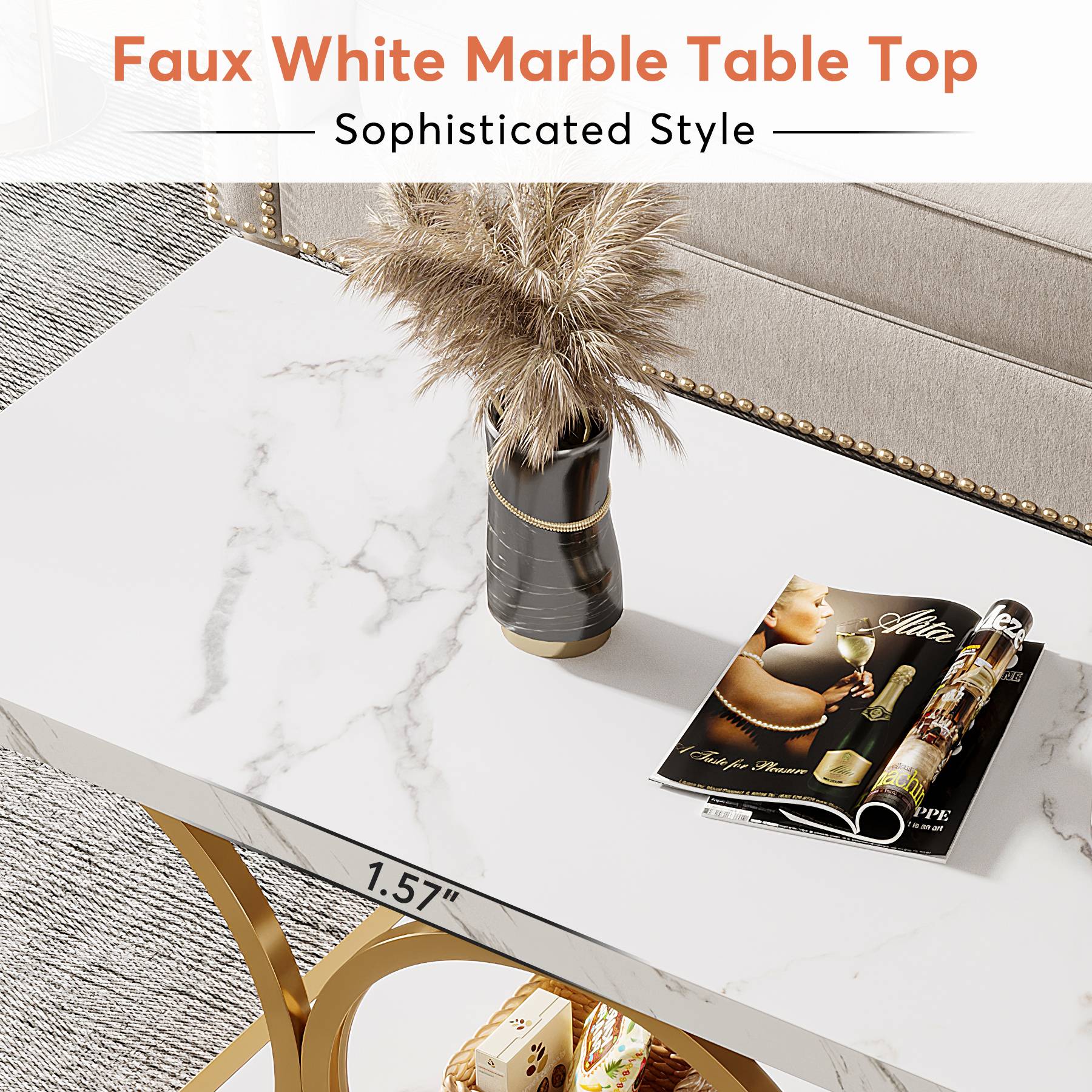 Rectangle Coffee Table, 47.24" Center Table with Faux Marble Top - Image 6