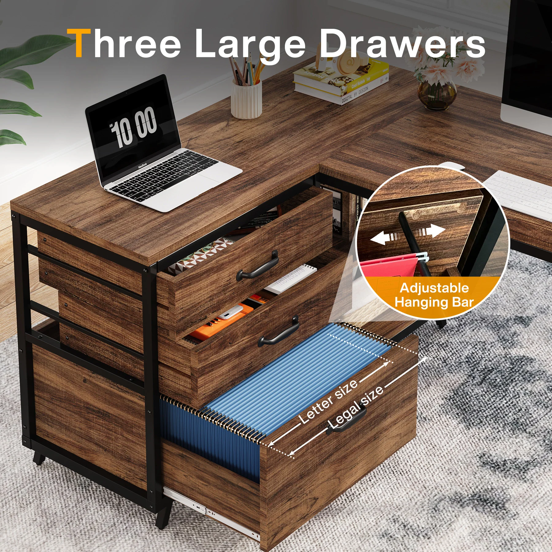 53" Reversible L-Shaped Computer Desk with 3 Drawers and Shelves - Image 10