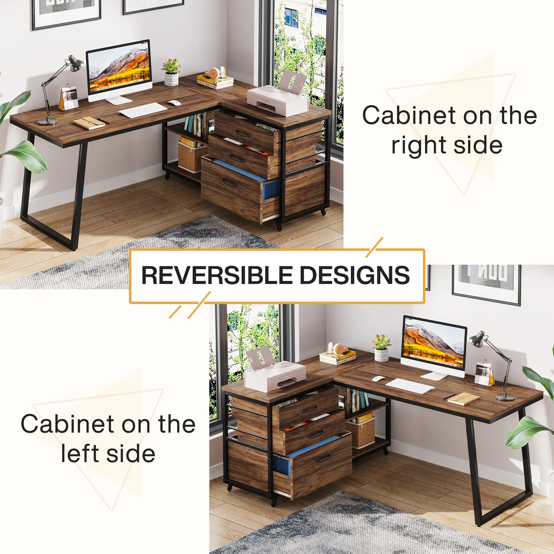 53" Reversible L-Shaped Computer Desk with 3 Drawers and Shelves - Image 11
