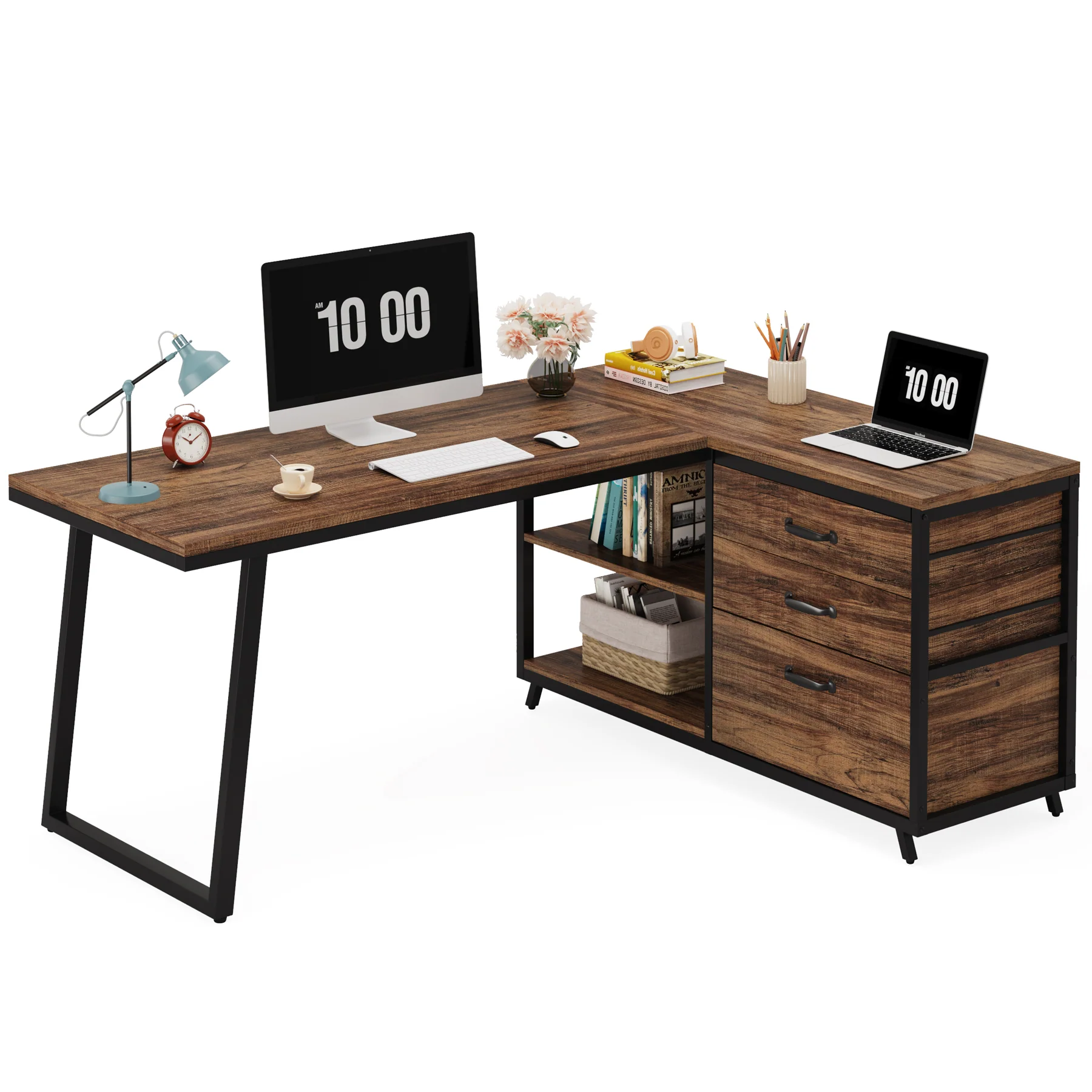 53" Reversible L-Shaped Computer Desk with 3 Drawers and Shelves - Image 12