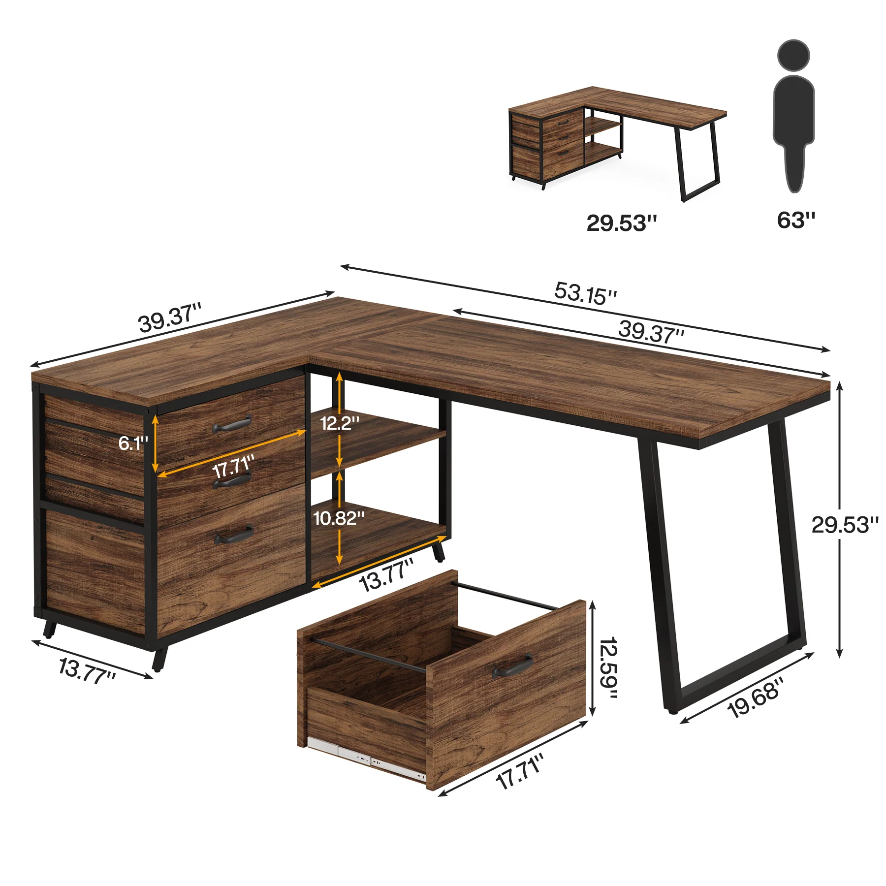 53" Reversible L-Shaped Computer Desk with 3 Drawers and Shelves - Image 2