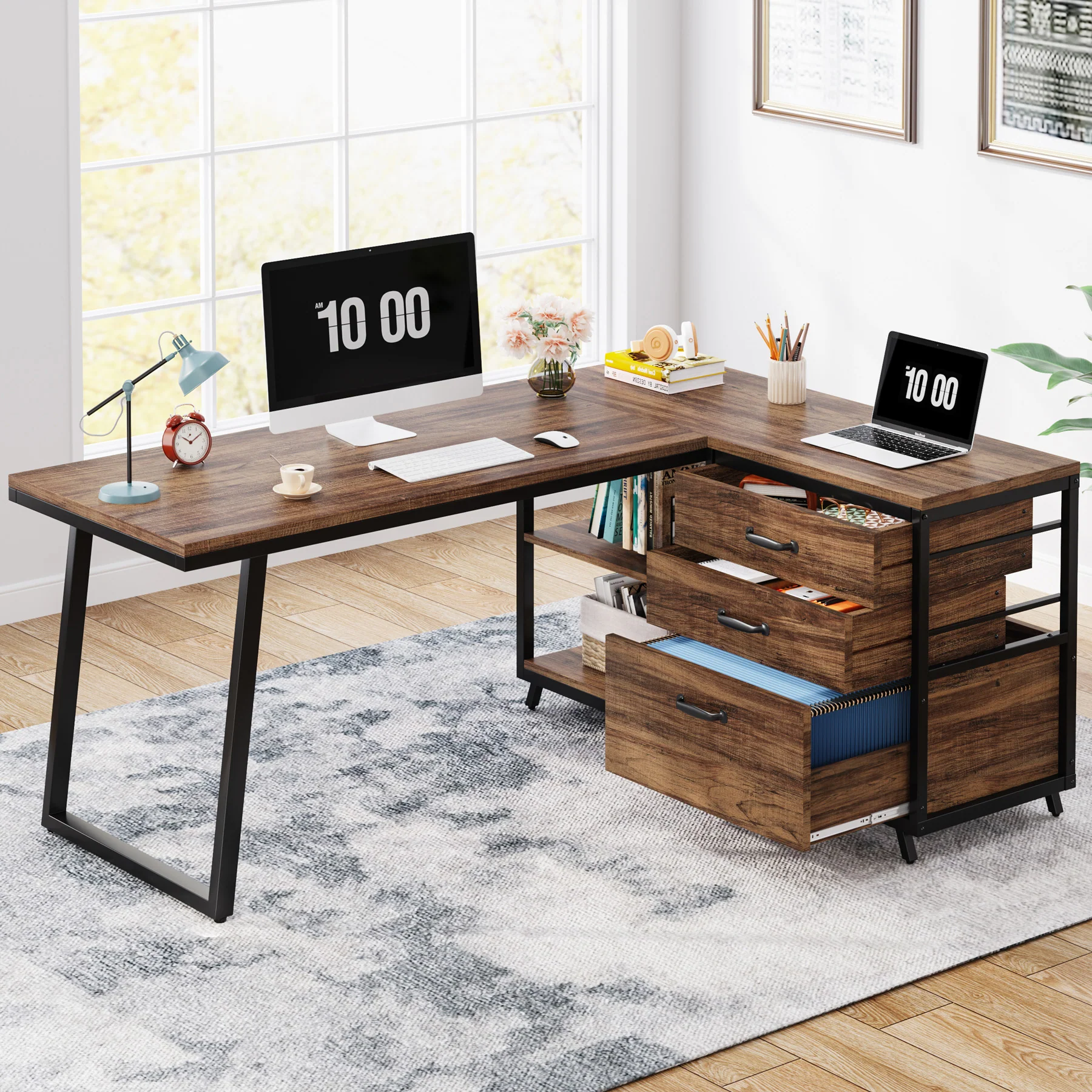 53" Reversible L-Shaped Computer Desk with 3 Drawers and Shelves - Image 3