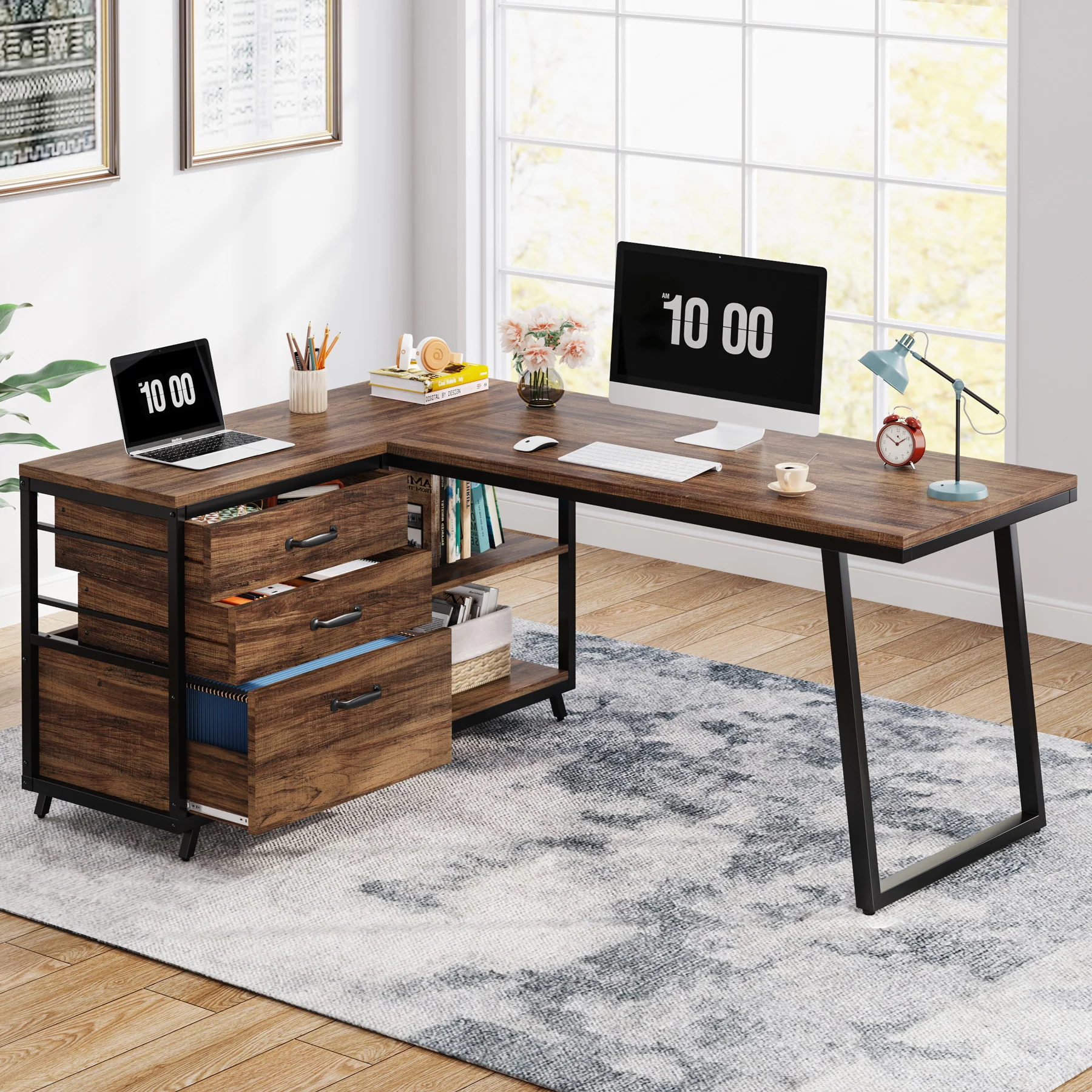53" Reversible L-Shaped Computer Desk with 3 Drawers and Shelves - Image 4