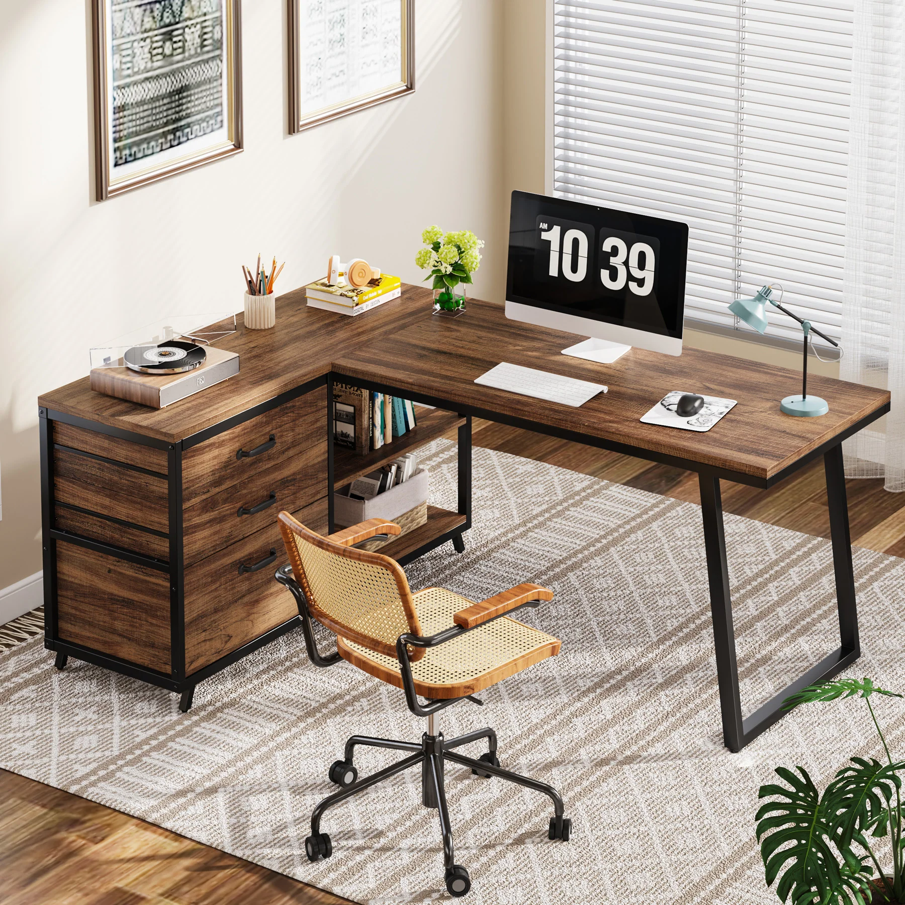 53" Reversible L-Shaped Computer Desk with 3 Drawers and Shelves - Image 5