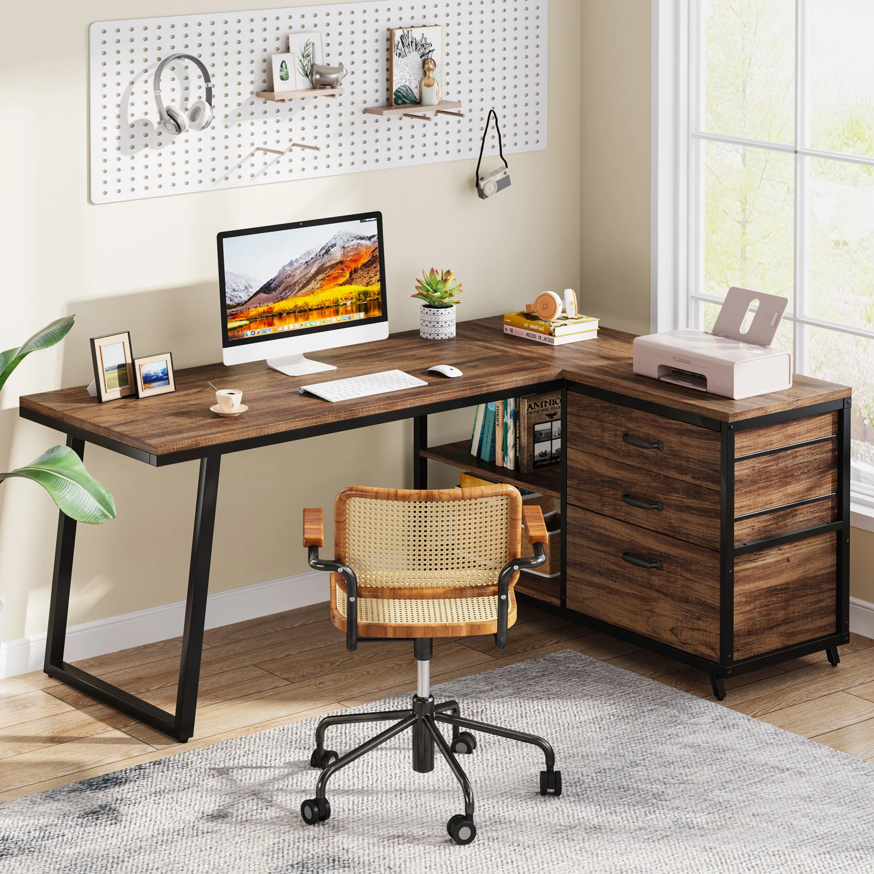 53" Reversible L-Shaped Computer Desk with 3 Drawers and Shelves - Image 6