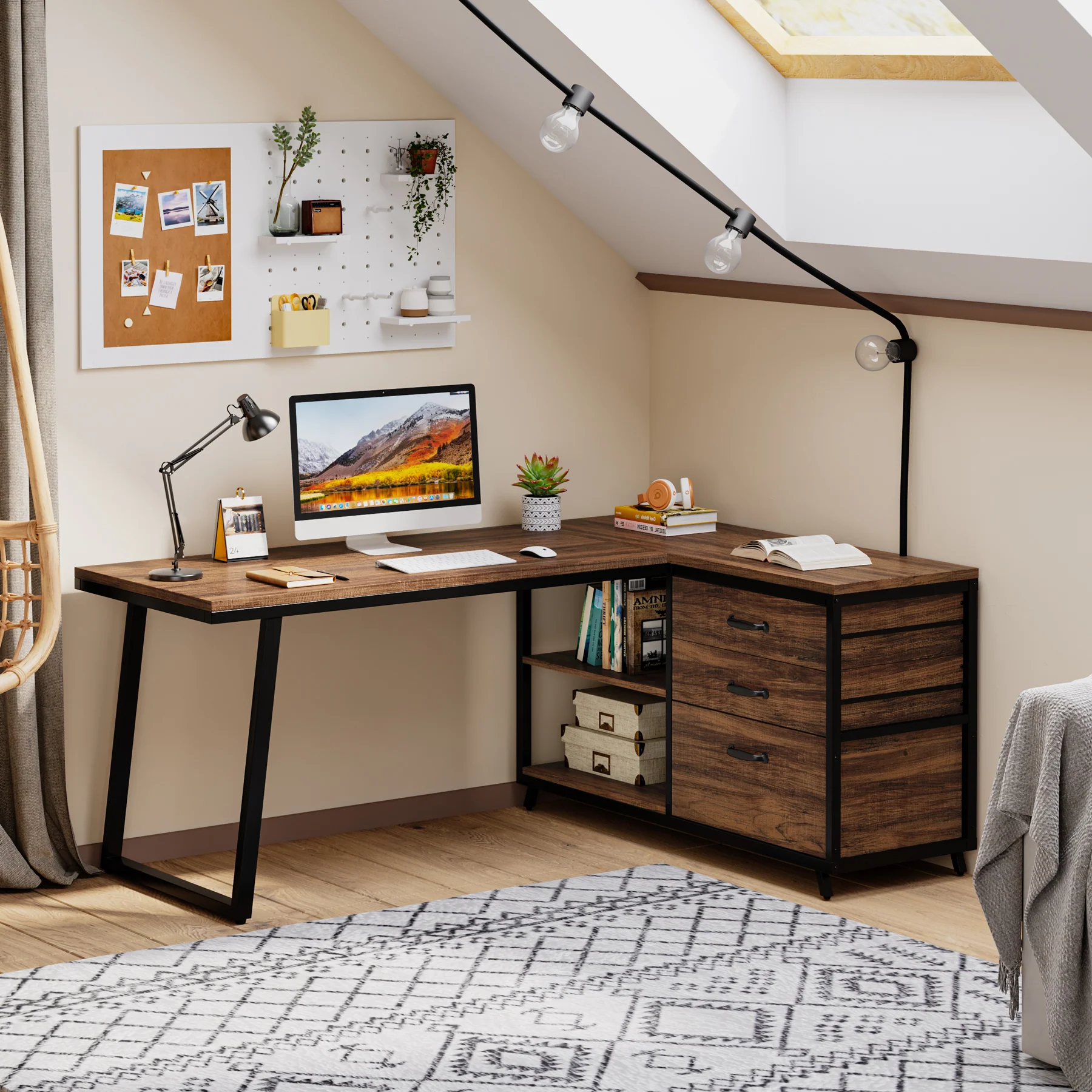 53" Reversible L-Shaped Computer Desk with 3 Drawers and Shelves - Image 7