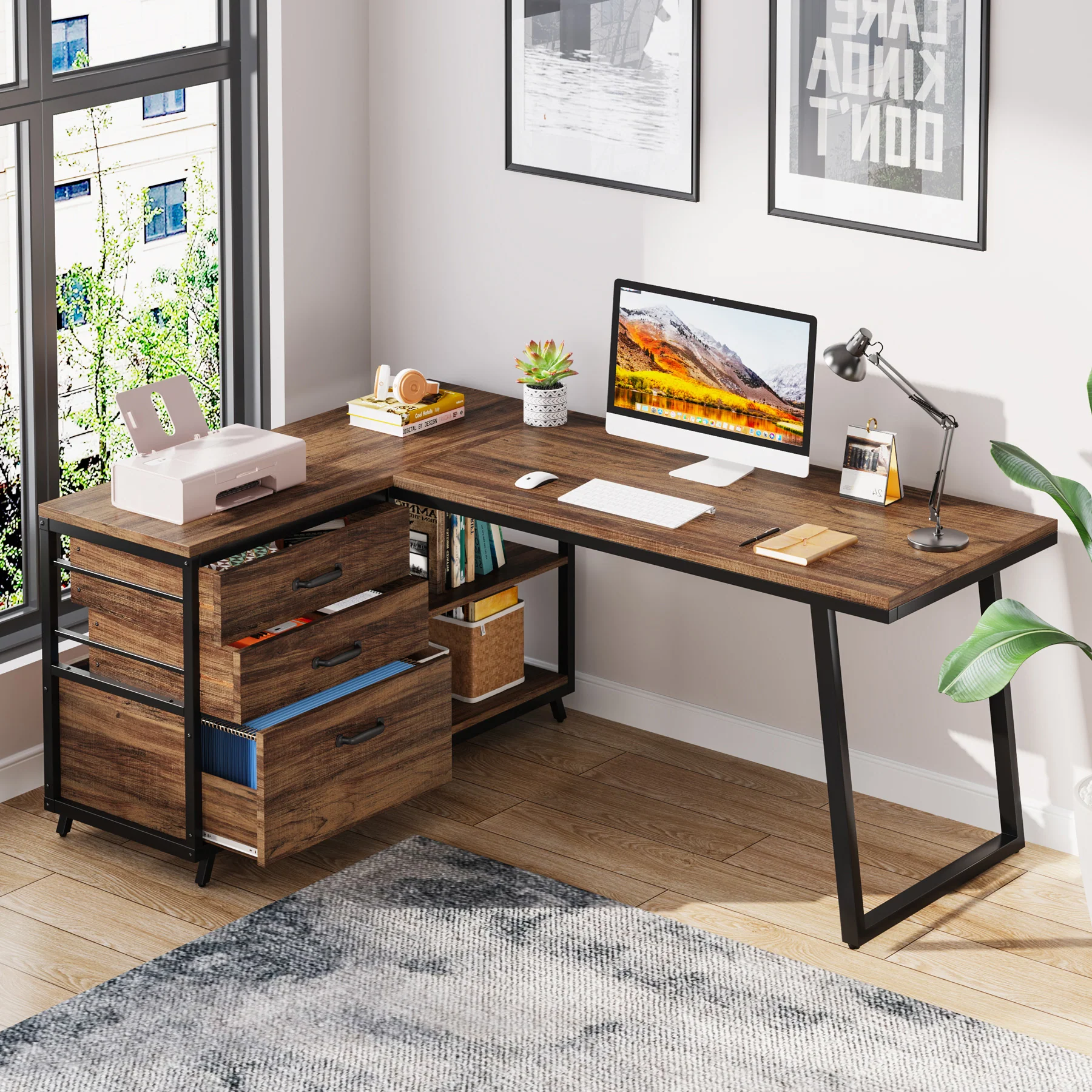 53" Reversible L-Shaped Computer Desk with 3 Drawers and Shelves - Image 8