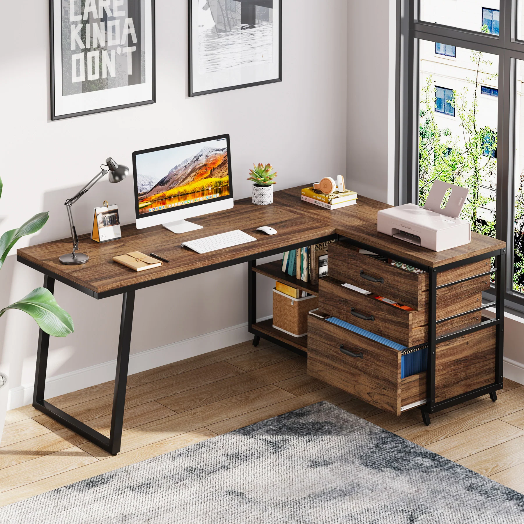 53" Reversible L-Shaped Computer Desk with 3 Drawers and Shelves - Image 9