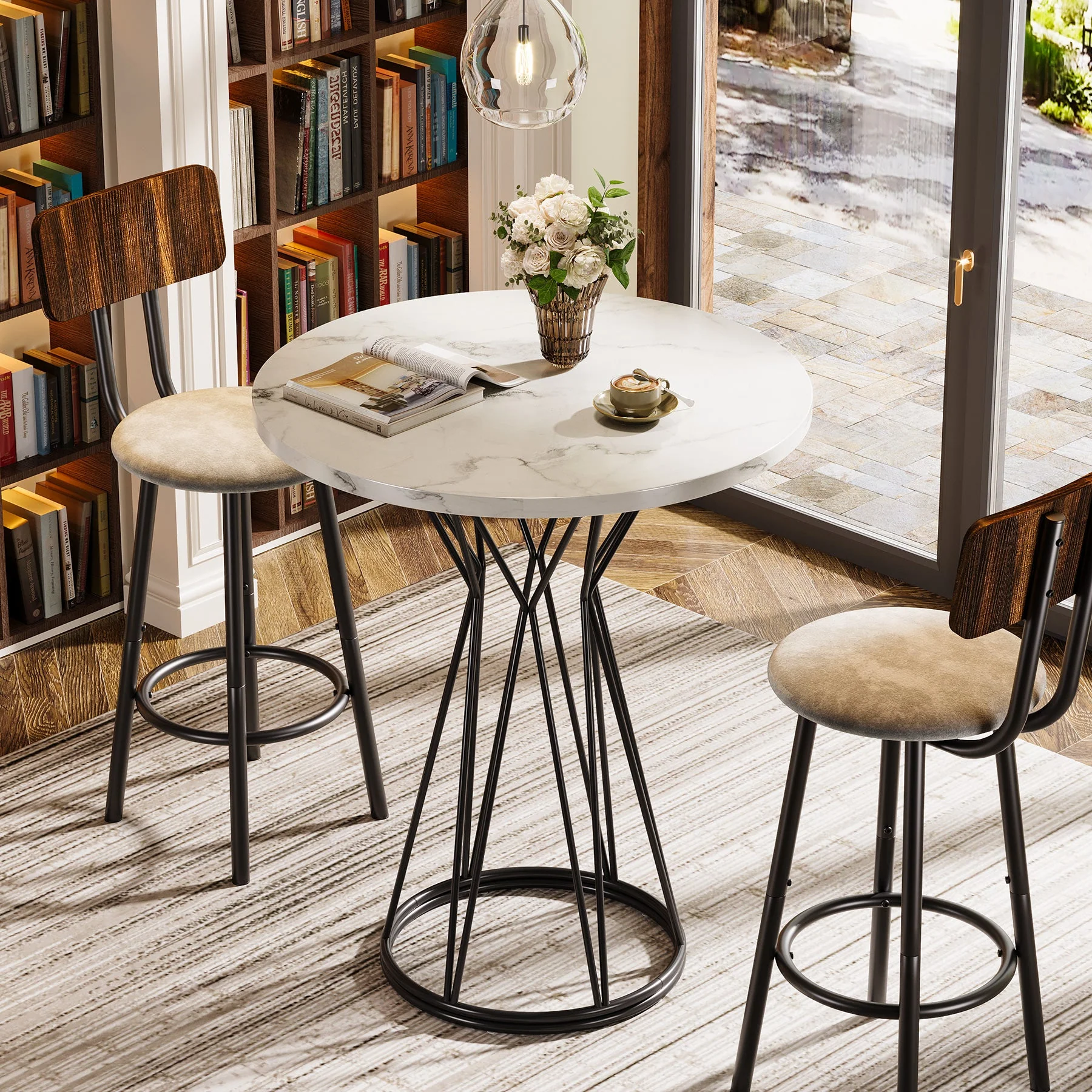 35.4-Inch Round Bar Table, Modern Faux Marble Bistro Pub Table - Image 4
