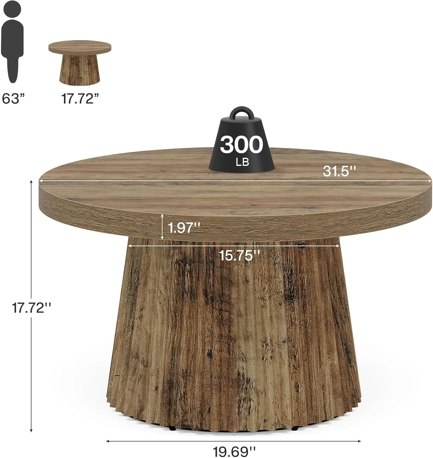 31.5" Round Fluted Coffee Table - Minimalist Wood Grain Center Piece for Small Spaces - Image 2