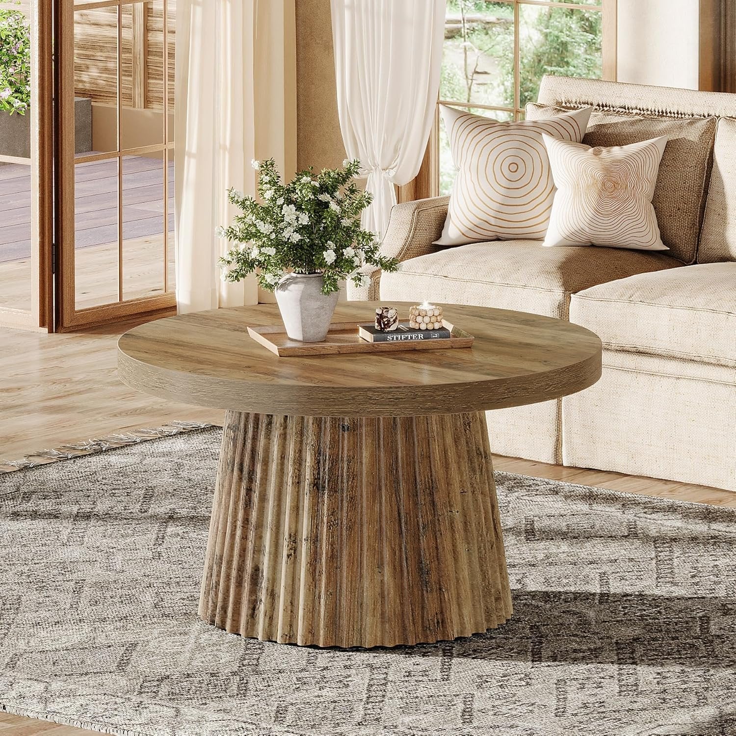 31.5" Round Fluted Coffee Table - Minimalist Wood Grain Center Piece for Small Spaces - Image 3