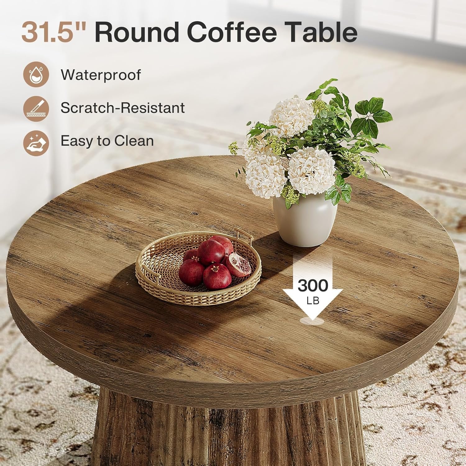 31.5" Round Fluted Coffee Table - Minimalist Wood Grain Center Piece for Small Spaces - Image 4