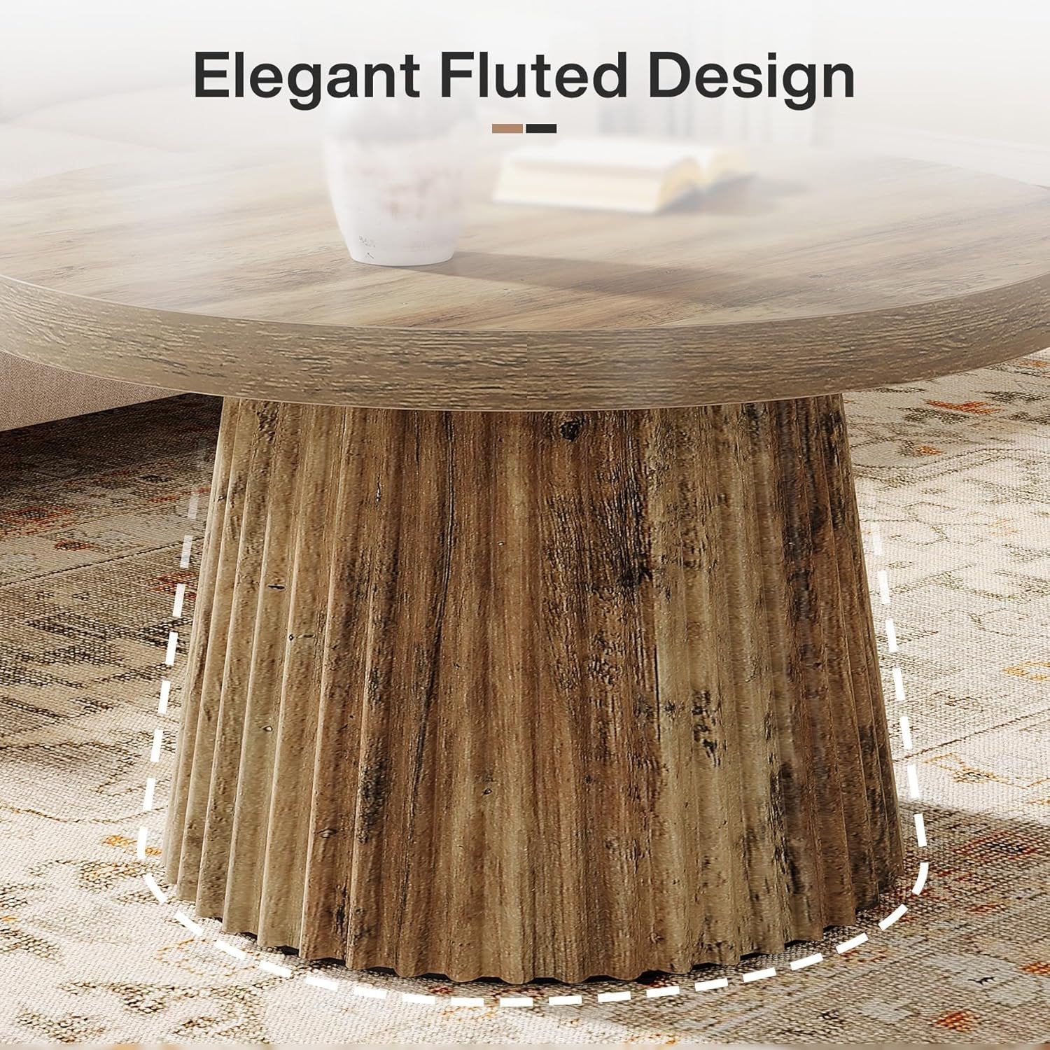 31.5" Round Fluted Coffee Table - Minimalist Wood Grain Center Piece for Small Spaces - Image 5