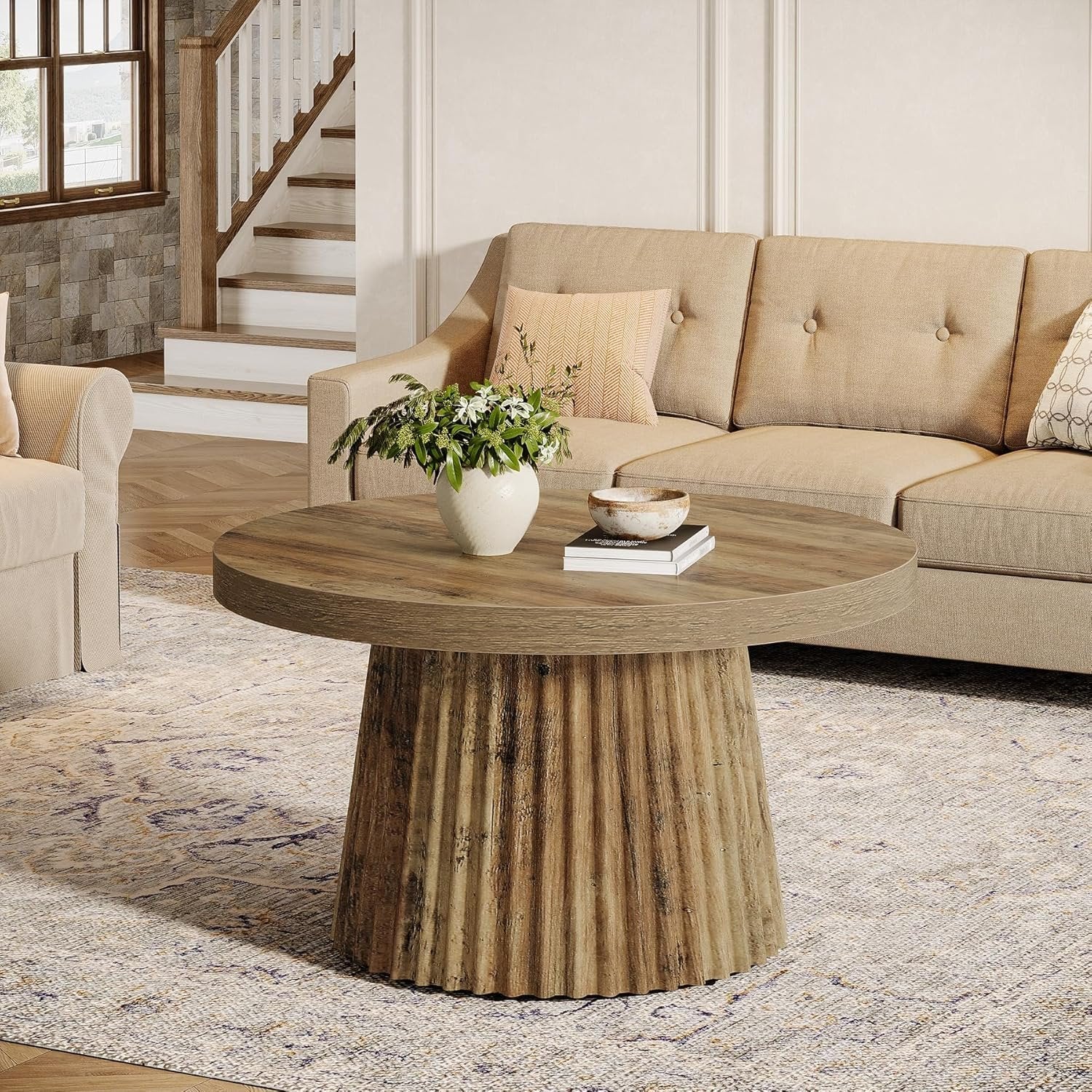 31.5" Round Fluted Coffee Table - Minimalist Wood Grain Center Piece for Small Spaces - Image 6
