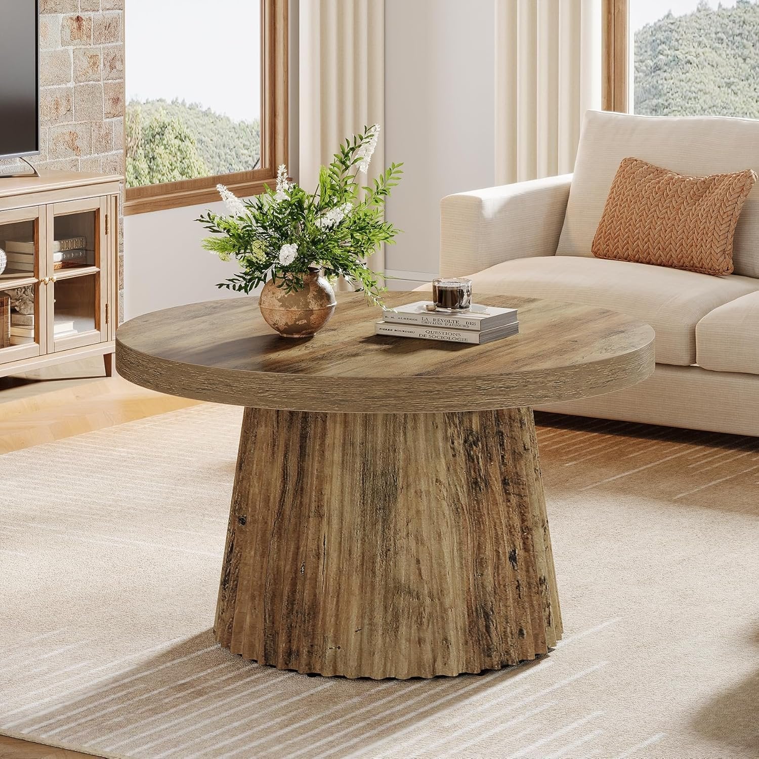 31.5" Round Fluted Coffee Table - Minimalist Wood Grain Center Piece for Small Spaces - Image 7