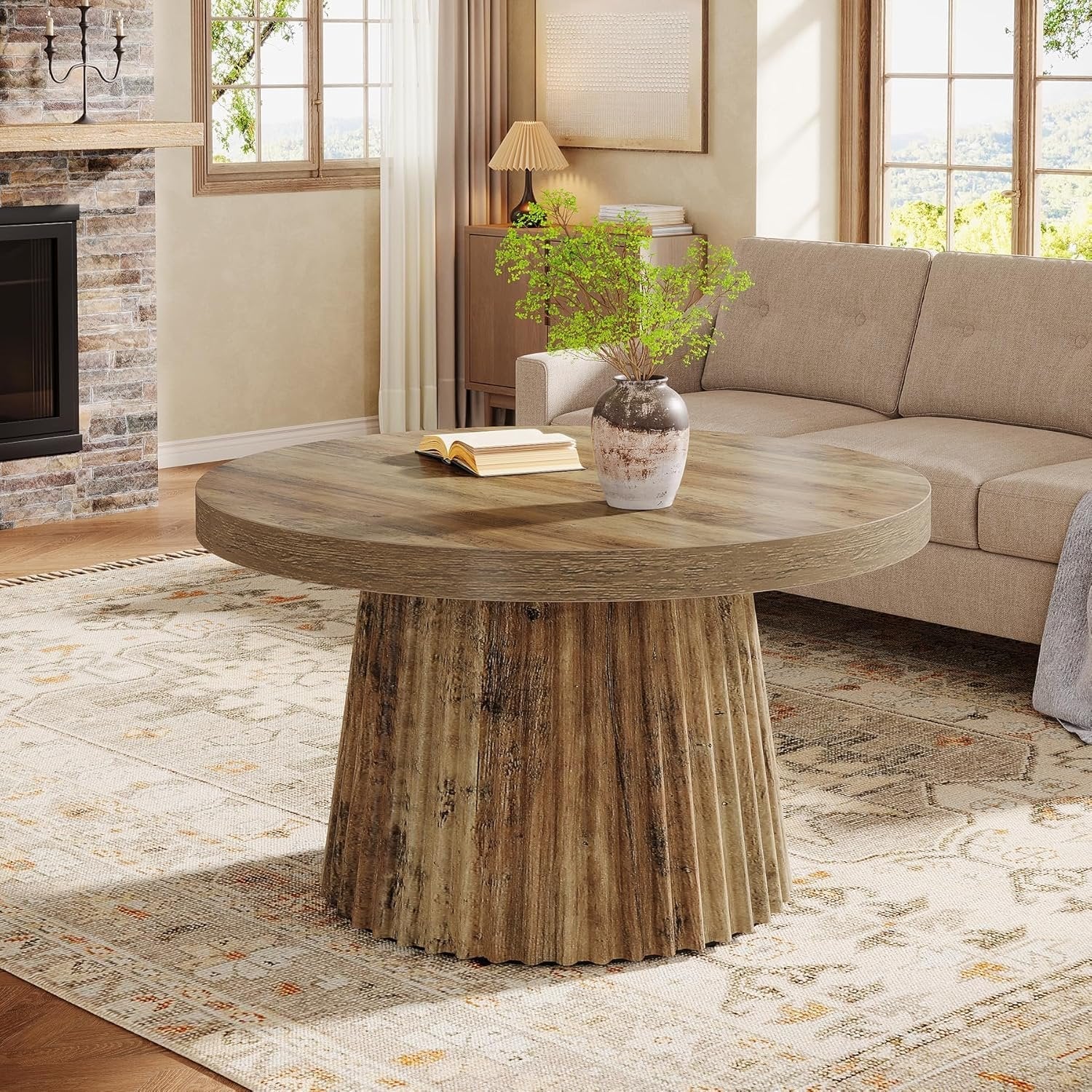 31.5" Round Fluted Coffee Table - Minimalist Wood Grain Center Piece for Small Spaces - Image 9