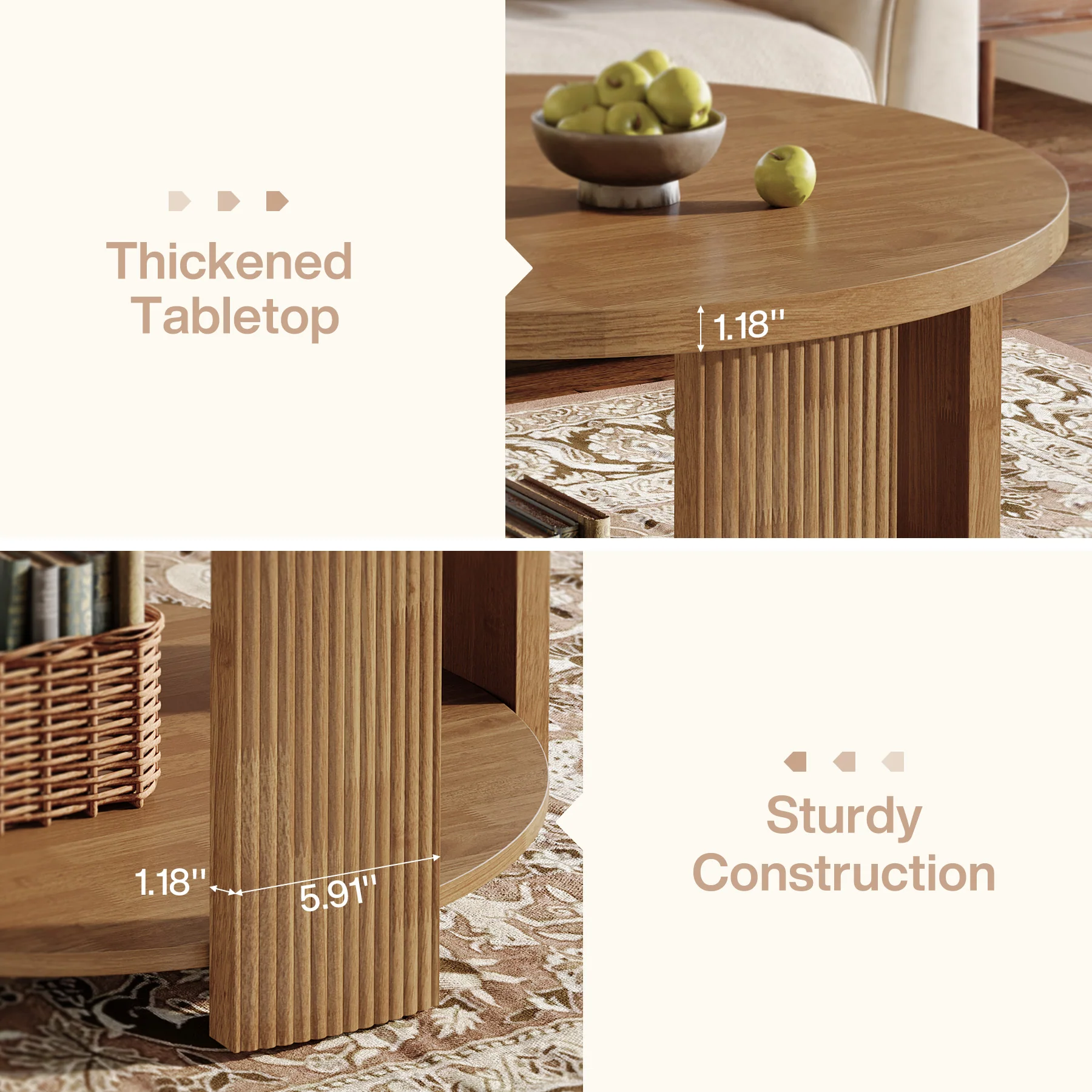 31.5 Inch Round Coffee Table with 2 Tier Storage, Mid Century Modern Farmhouse Accent Table - Image 10