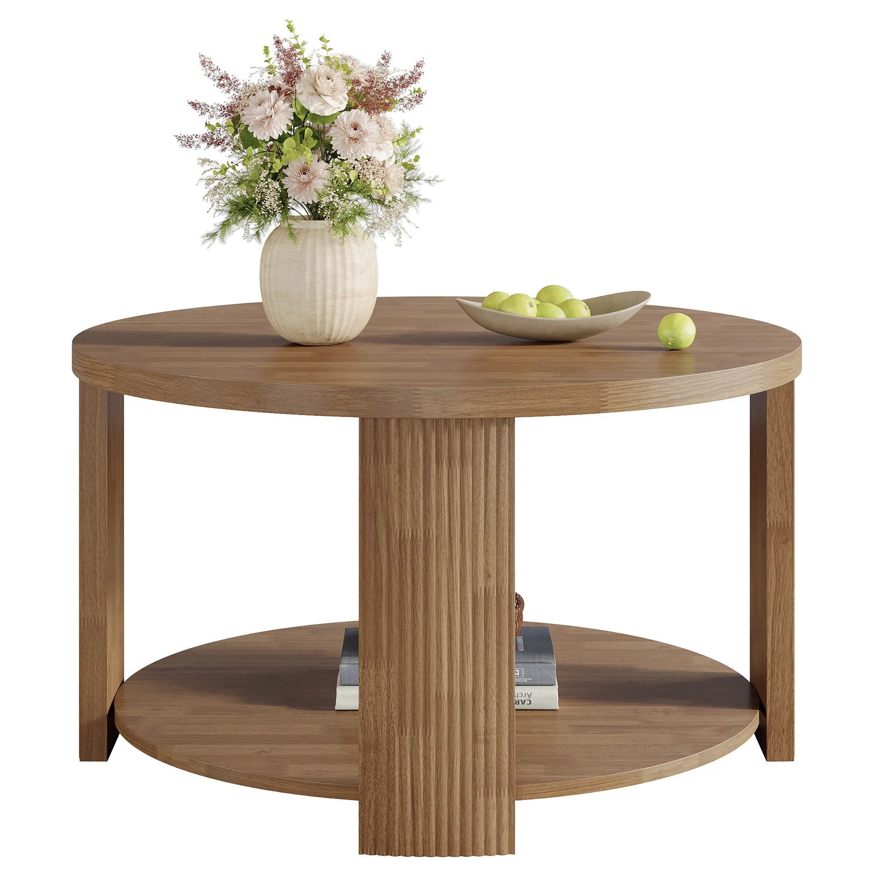 31.5 Inch Round Coffee Table with 2 Tier Storage, Mid Century Modern Farmhouse Accent Table - Image 12