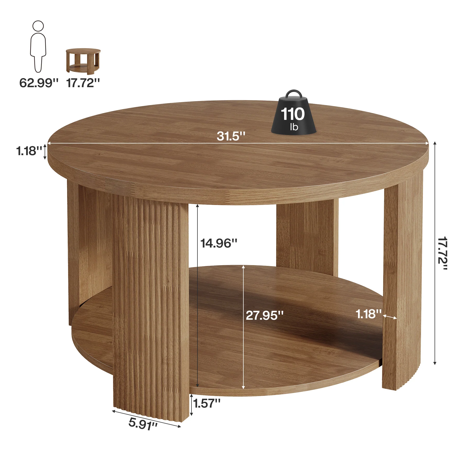 31.5 Inch Round Coffee Table with 2 Tier Storage, Mid Century Modern Farmhouse Accent Table - Image 2