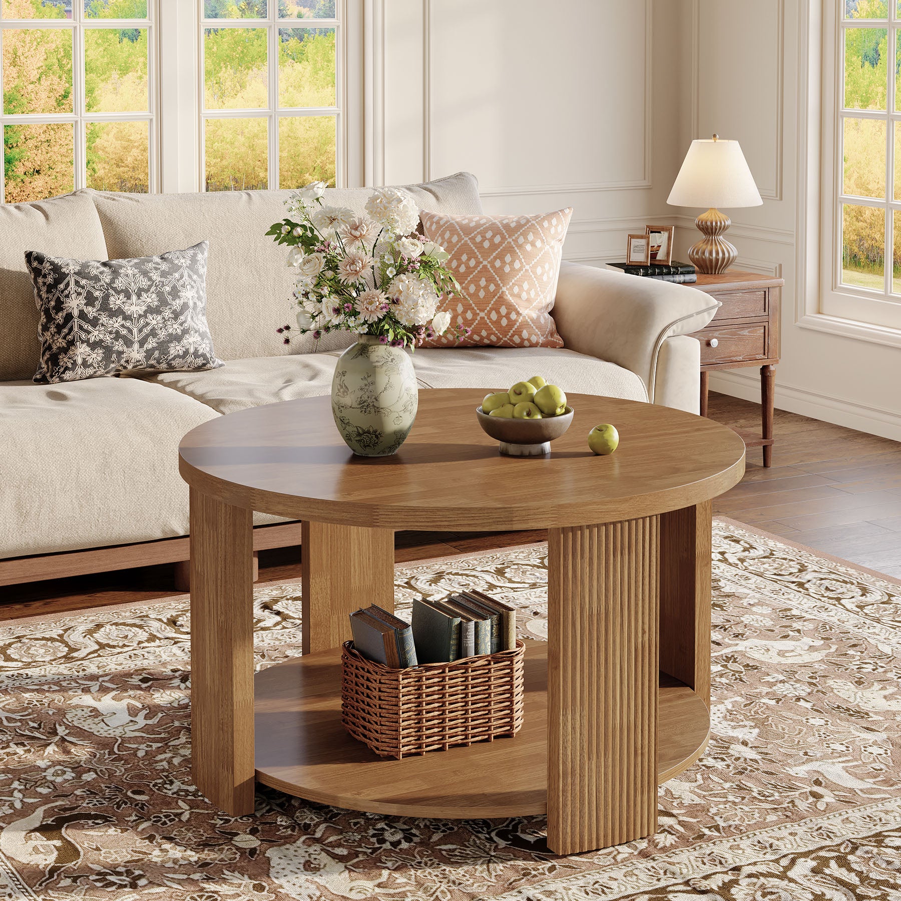 31.5 Inch Round Coffee Table with 2 Tier Storage, Mid Century Modern Farmhouse Accent Table - Image 3