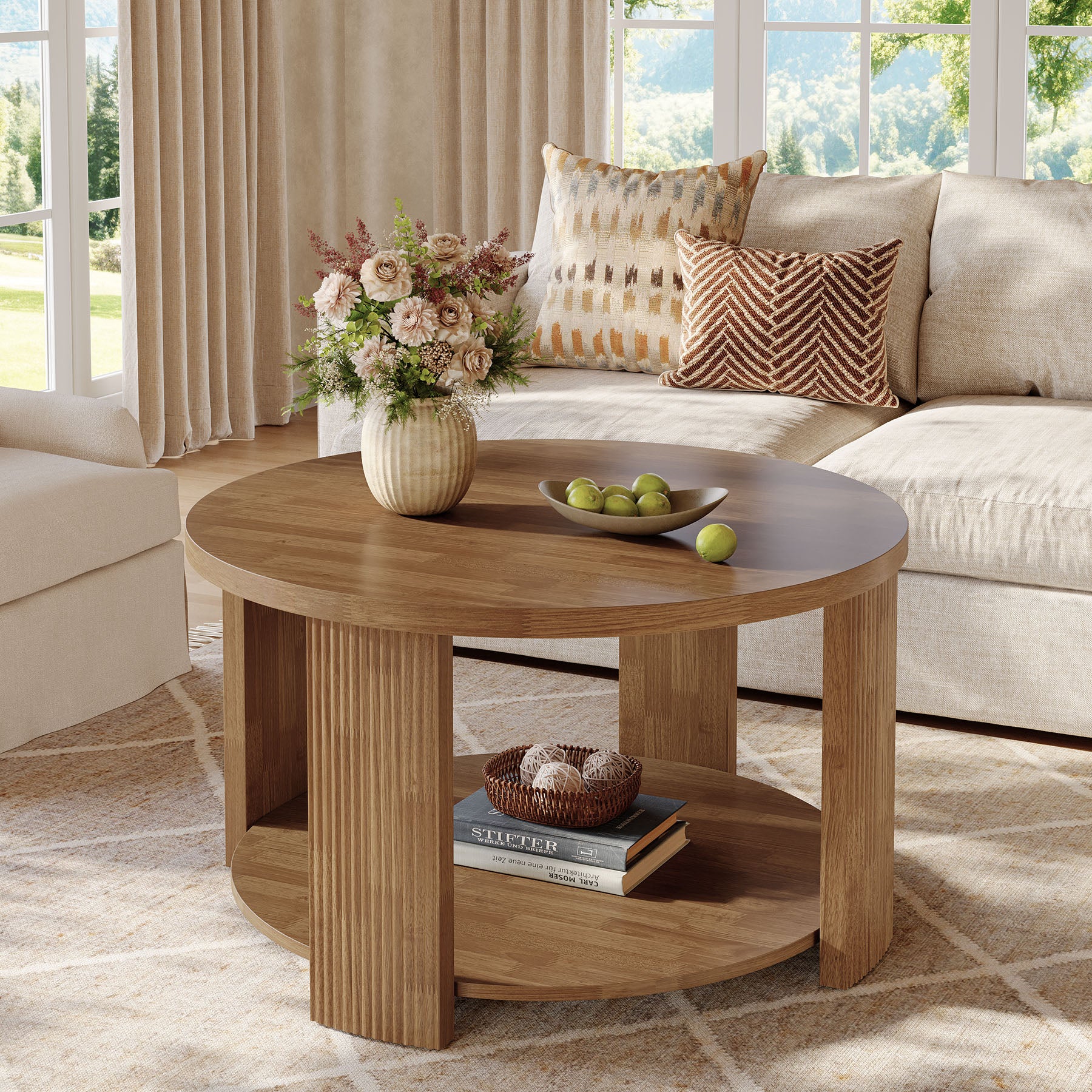 31.5 Inch Round Coffee Table with 2 Tier Storage, Mid Century Modern Farmhouse Accent Table - Image 4