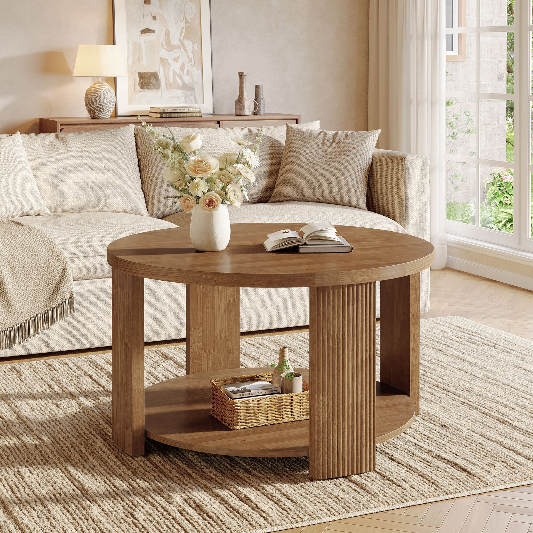 31.5 Inch Round Coffee Table with 2 Tier Storage, Mid Century Modern Farmhouse Accent Table - Image 5