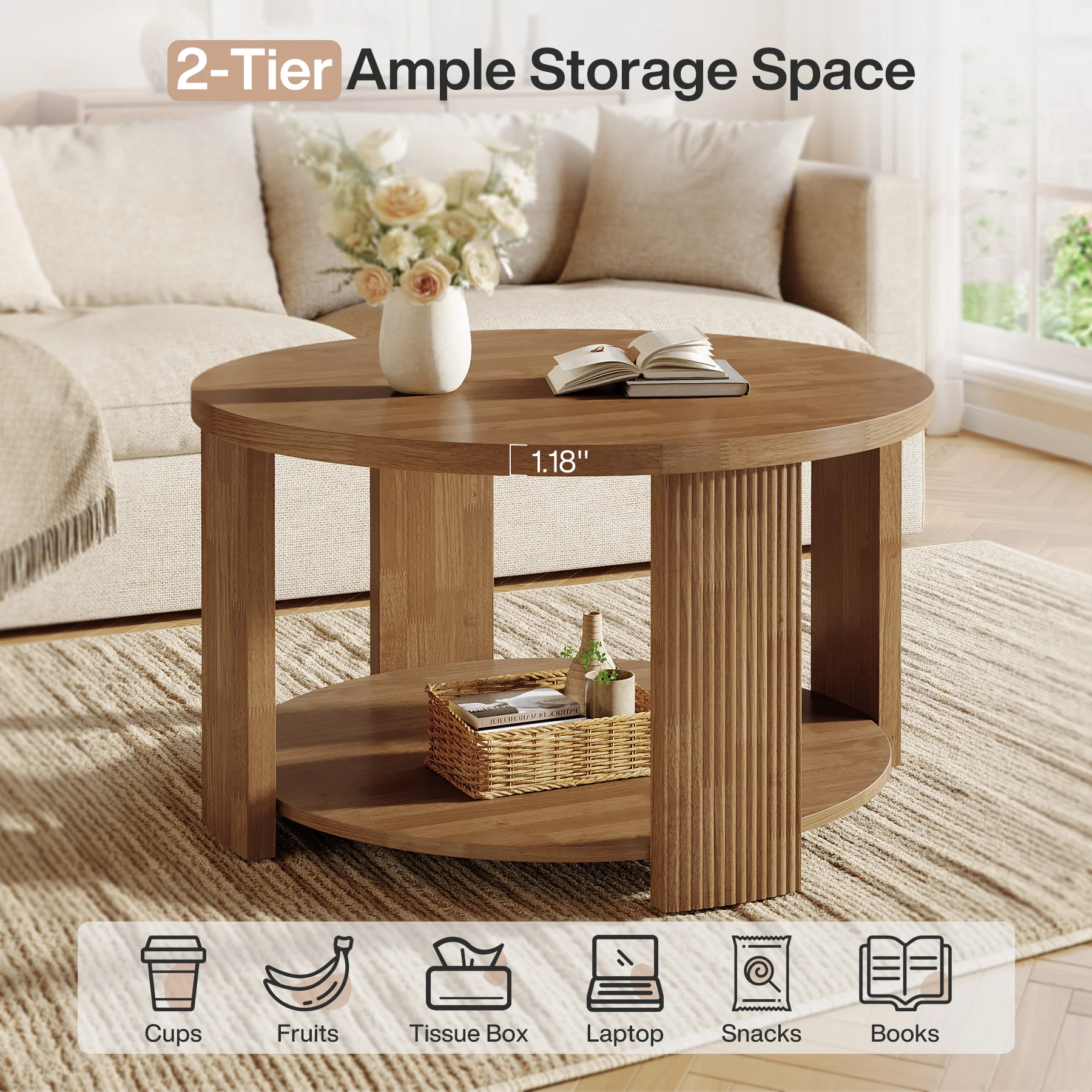 31.5 Inch Round Coffee Table with 2 Tier Storage, Mid Century Modern Farmhouse Accent Table - Image 6